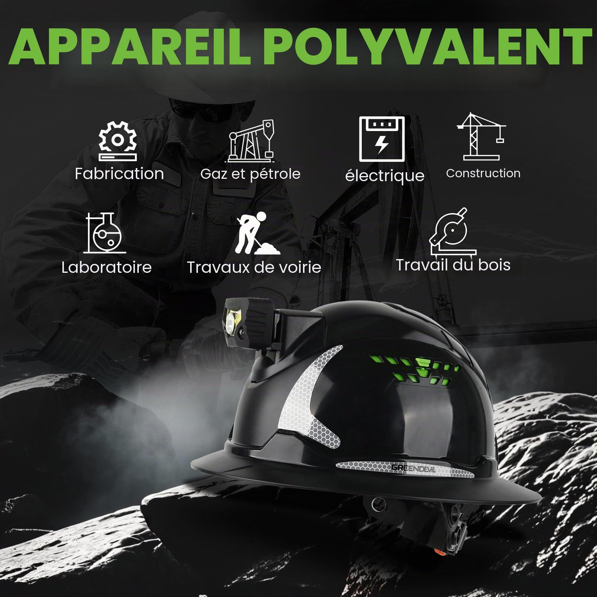 GREEN DEVIL Matrix Casque de sécurité Full Brim EN 397 – Casque de protection avec ventilation, lampe frontale LED (IPX5), système 6 points et doublure intérieure réglable – Idéal pour la