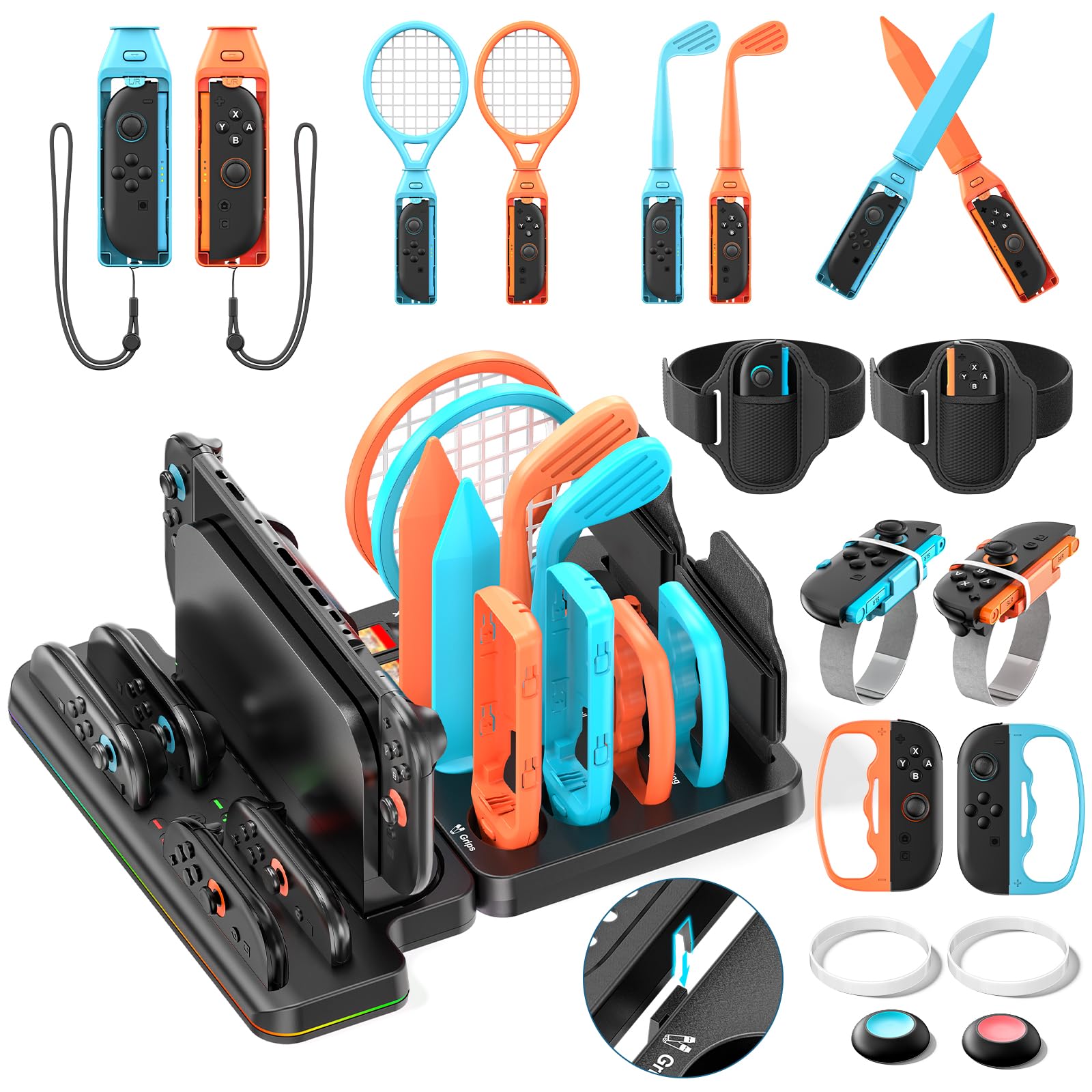 All-In-1 Kit Accessori per Switch 2 Sports con Stazione di Organizzativa & Caricatore Joy-con 2, Switch Organizer per Gioco Sport Nintendo Switch 2025, Switch 2 Accessories Kit Sports per la Famiglia