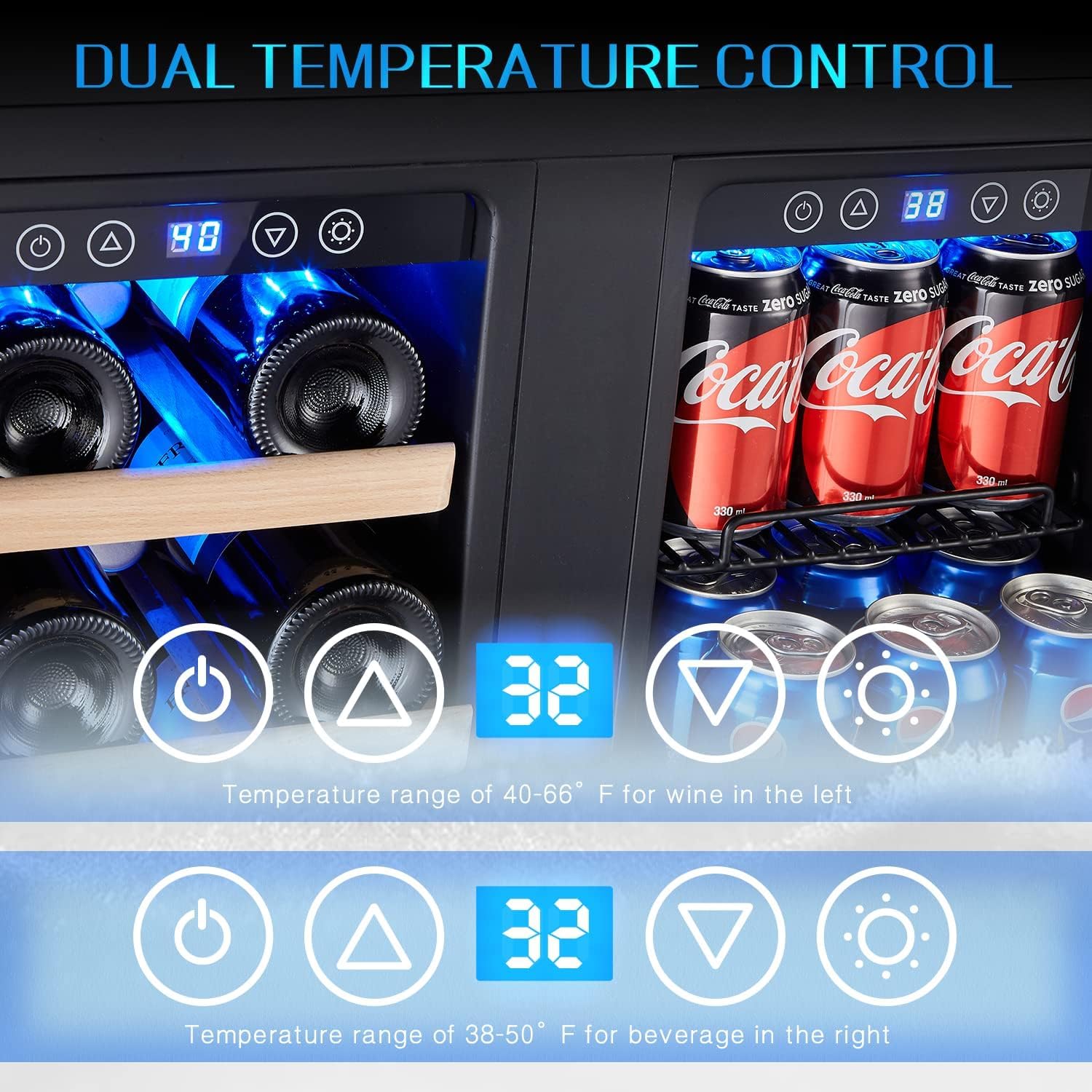 Kalamera 24 Inch Wine Fridge Hold 21 Bottles And 75 Cans,Dual Zone Wine And Beverage Refrigerator,Built-In Or Freestanding With Blue LED Light,For Home/Bar/Office on Fridge.com - View 6