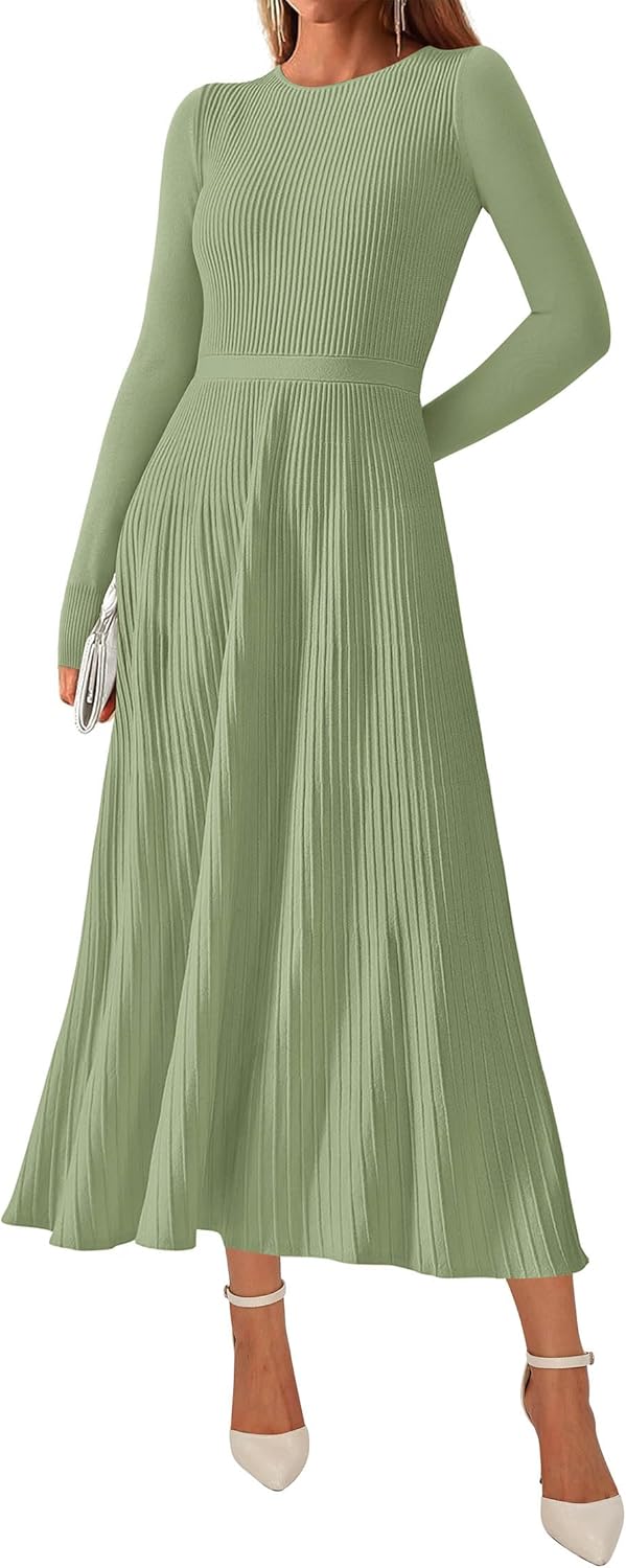 KIRUNDO Women Sweater Dress Holiday Ribbed Knit Long Sleeve Slimming Maxi Dress Fall Pleated Elegant A Line Winter Dresses