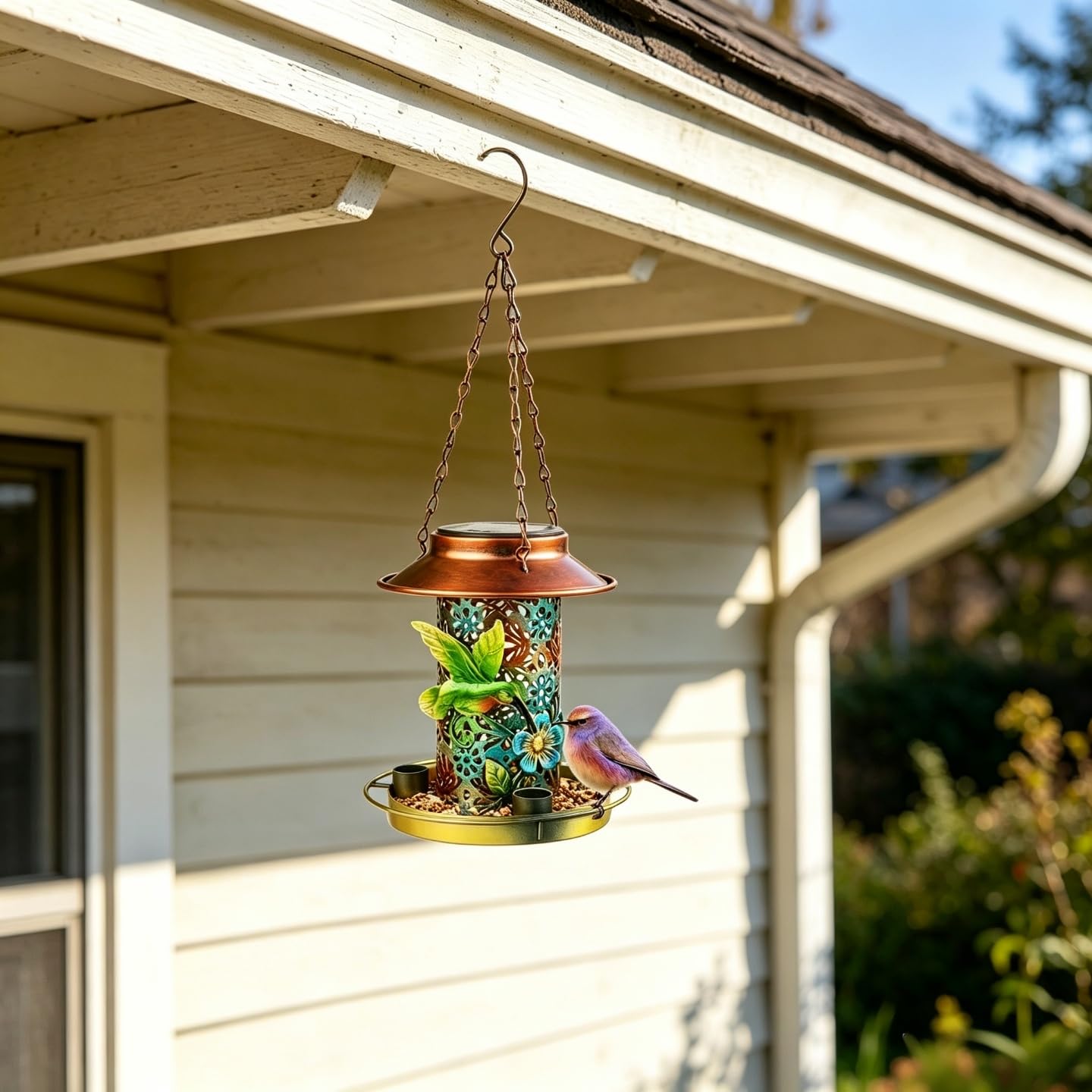 Mangiatoia solare per uccelli per esterni, in metallo resistente, da appendere, con luce per giardino, cortile, esterno, regalo decorativo a forma di lanterna unica