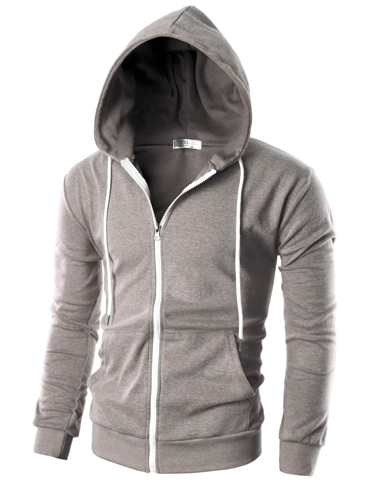Ohoo Men's Slim Fit Zip-Up Hoodie - Lightweight, Long Sleeve, Kangaroo Pocket, Ribbed Cuffs & Hem (Color: Brown, Size: XL)