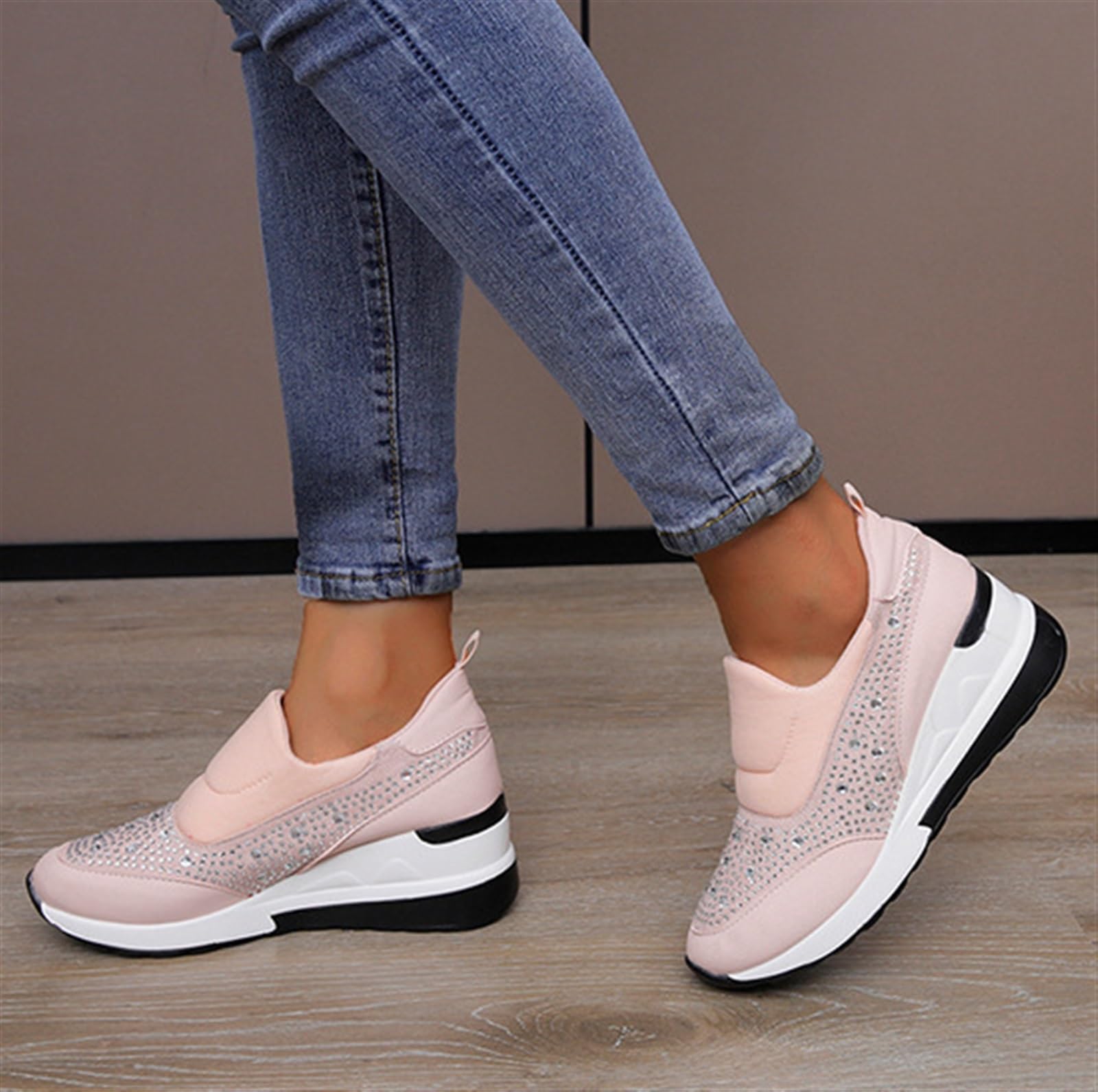 Donna Strass Zeppa Scarpe da Ginnastica Altezza Nascosta Aumento di Altezza Top Alto Punta Tonda Scarpe Sportive in Pelle Allacciate da Matrimonio Escursioni Outdoor Scarpe da Ginnastica