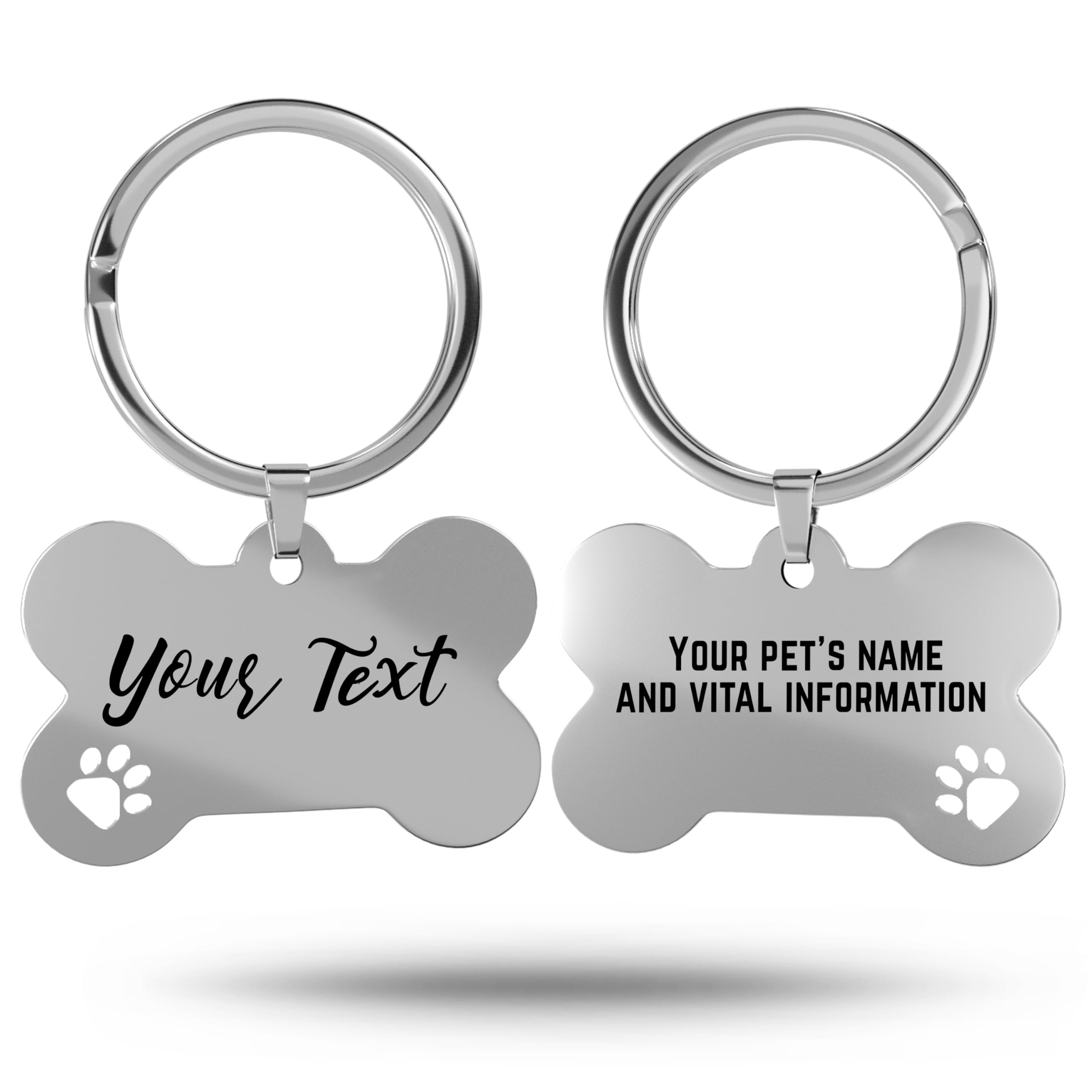 Charmify Dog Tags for Pets Engraved UK – Bone & Paw Stainless Steel Dog Name Tag | Personalised Pet ID Tag Engraved with Name, Phone & Address | Made in UK (Silver/PAW, L) — image 1