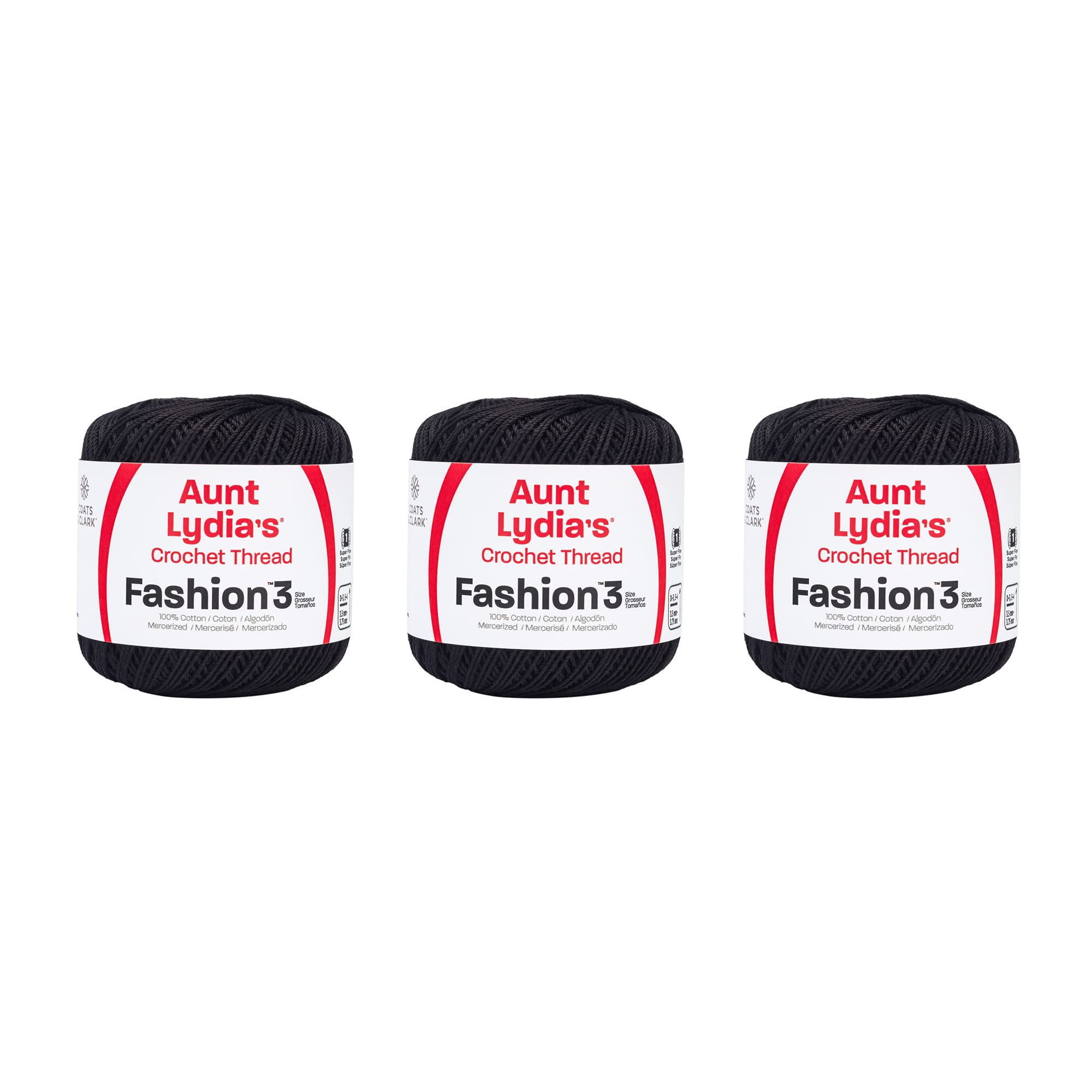 Aunt Lydia Fashion Black Crochet - 3 Pack of 150y/137m - Cotton - Gauge 3 - Crochet
