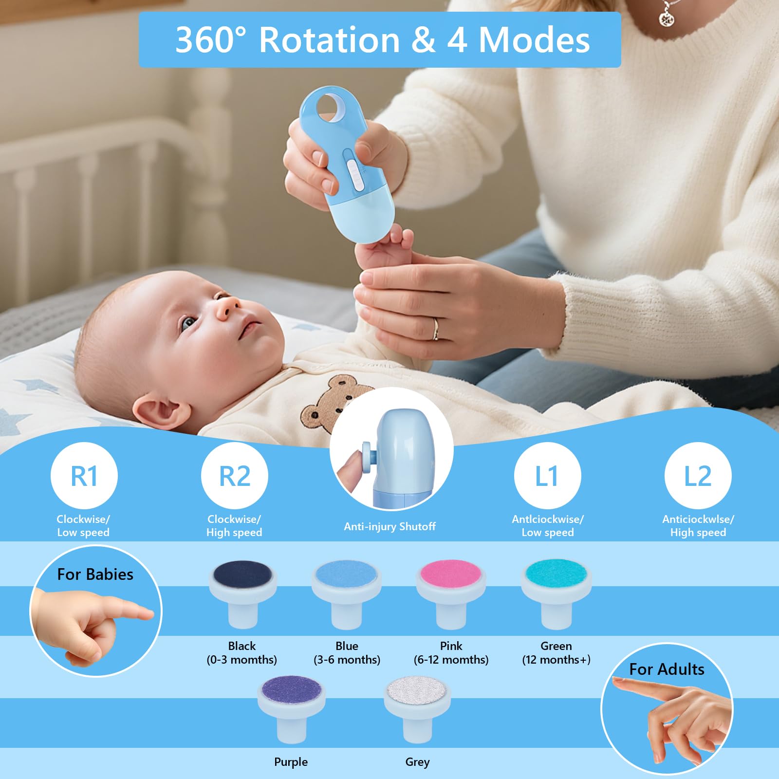 Kit de uñas para bebé, juego de cuidado de uñas 4 en 1 con estuche de almacenamiento, cortaúñas eléctrico suave con luz LED, cortaúñas eléctrico, incluye lima, tijera, cortaúñas, para recién nacidos