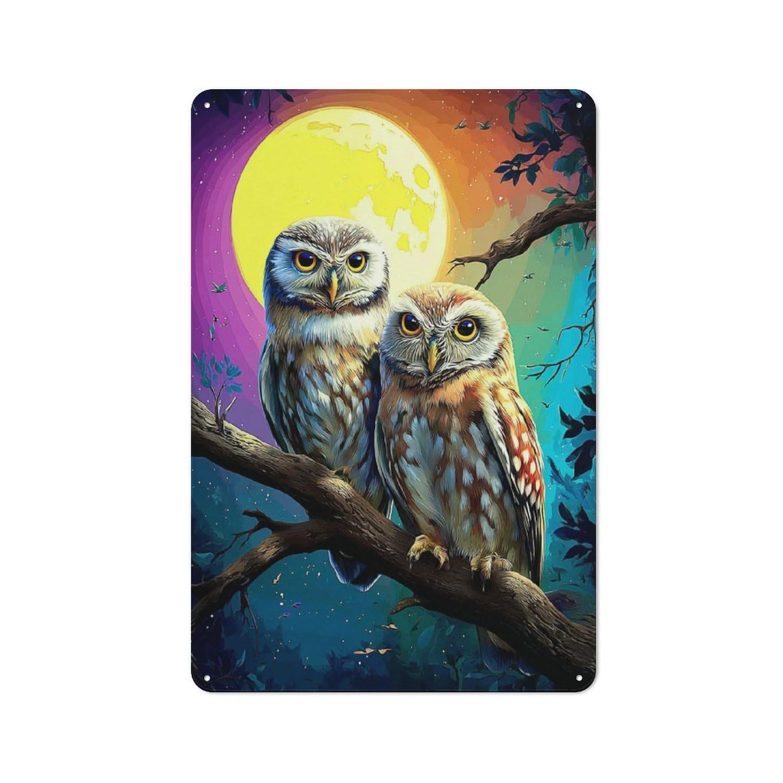 Junmoney Owls Under A Colorful Moonlit Sky Creative Metal Wall Decor 30X20cm, Metal Desk Wall Sign For Hobby Room, Office, Lounge Or Living Room