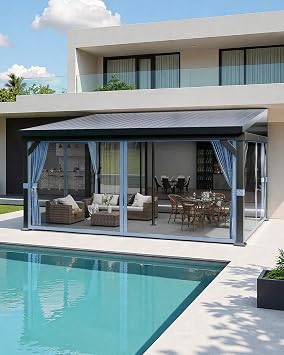 Lean to Gazebo 10x14 ft Wall Mounted, Hardtop Metal Pergola with Galvanized Steel Roof, Hidden Gutters & Dual Sliding Netting Curtains, All-Weather Canopy for Patio Garden Backyard Carport, Navy Blue