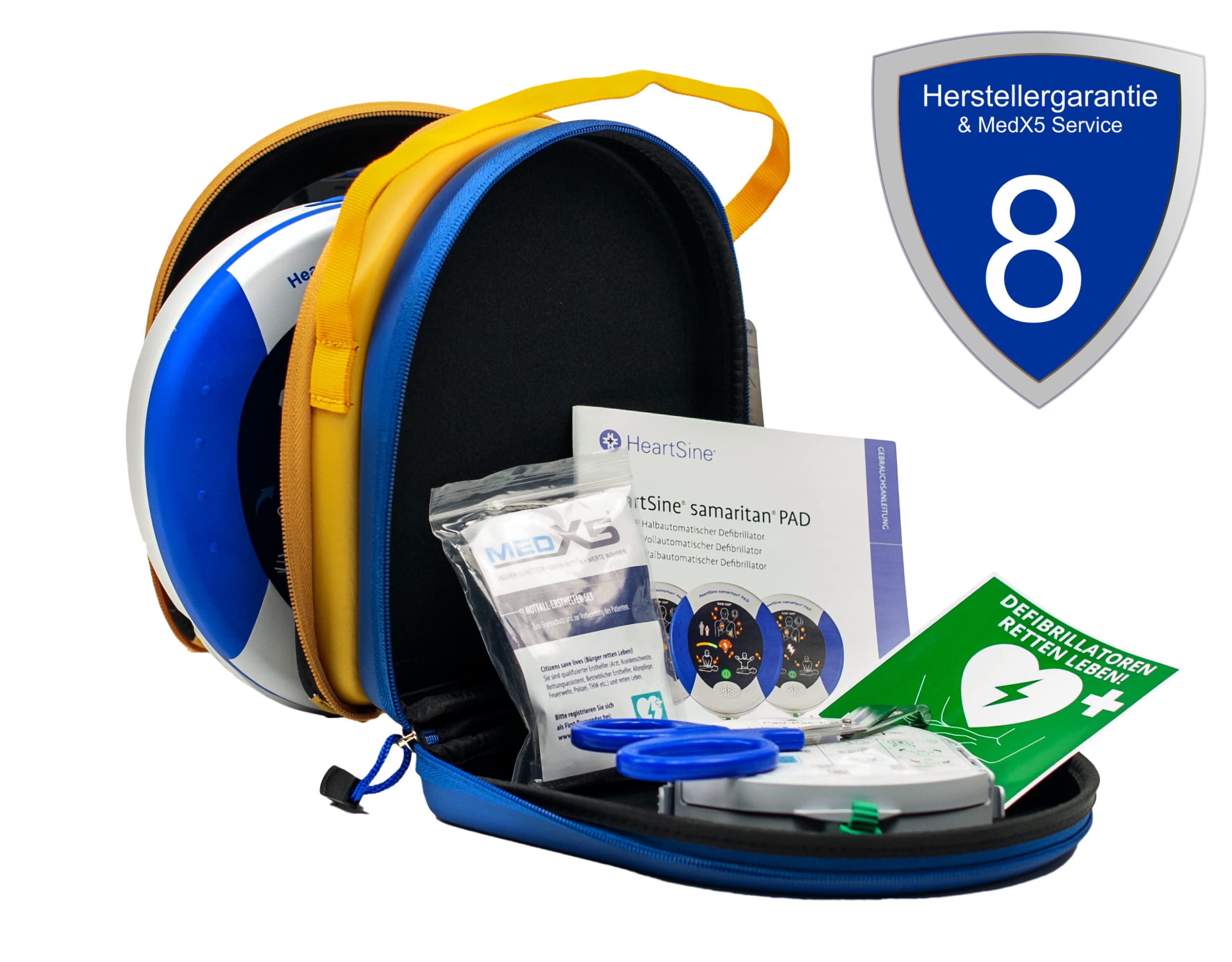 Erste Hilfe Defibrillator für Zuhause/Gewerbe für Laien und Profis mit automatischer Schockabgabe SAM 360P, 8 Jahre MedX5 Service Garantie und 8 Jahre Garantie des Herstellers