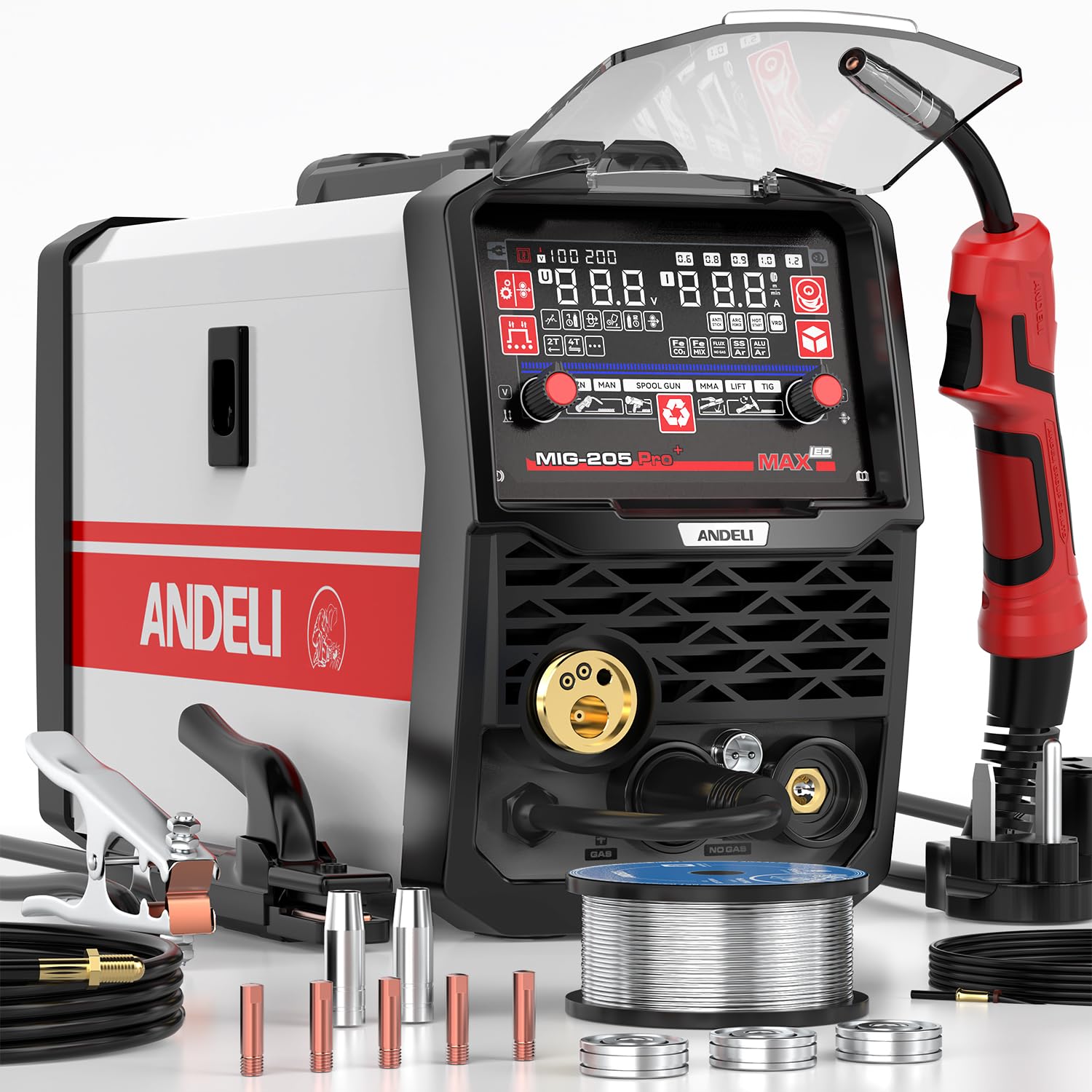 ANDELI 半自動溶接機 アルミ溶接可能 100V/200V兼用 205AMP MIG/手棒溶接/LIFT TIG溶接/スプールガン溶接 ガス&ノンガス半自動溶接 6 in 1多機能MIG溶接機 LEDスクリーン 工業用 家庭用 MIG-205 Pro