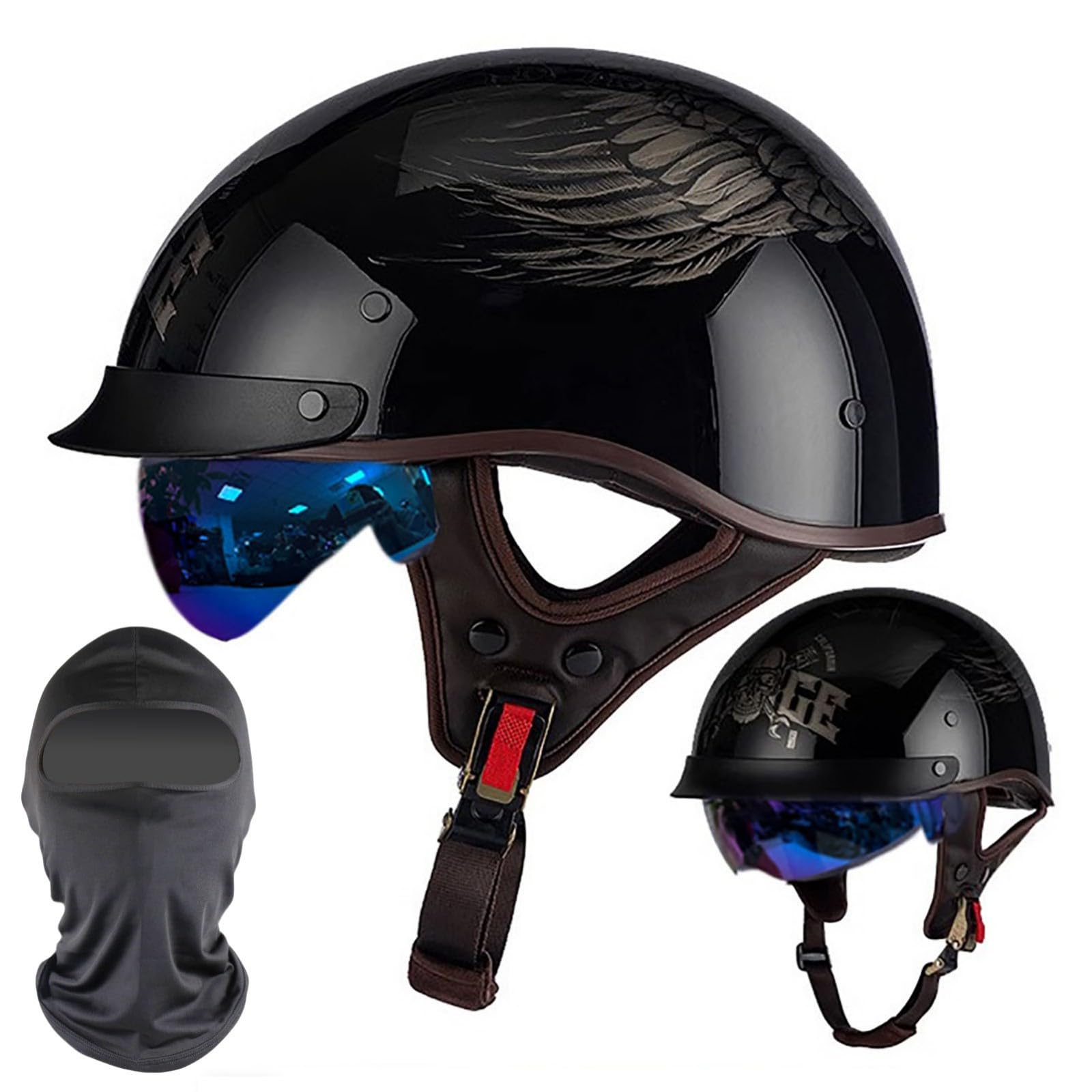 XYYYM Vintage Motorcycle Half Helmet, Half Face Motorbike Open Face Helmet, DOT/ECE Approved Men Women Bike Crash Scooter Moped Helmet, 54-63cm