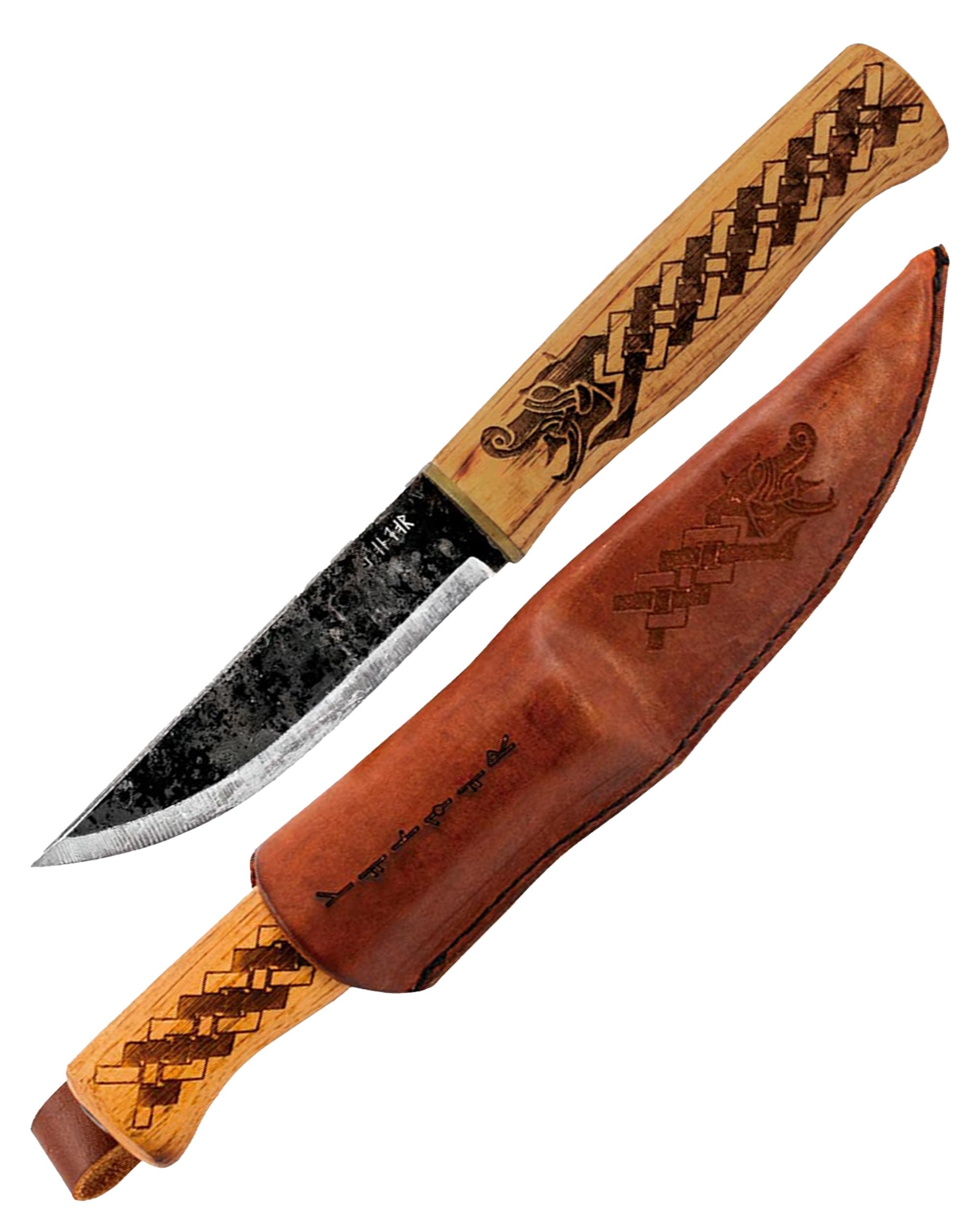 Condor Tool & Knife Norse Dragon Fixed Blade Knife with Leather Sheath - 1905 High Carbon Steel - Burnt American Hickory Handle - 3.8 in Blade - 2.8 oz
