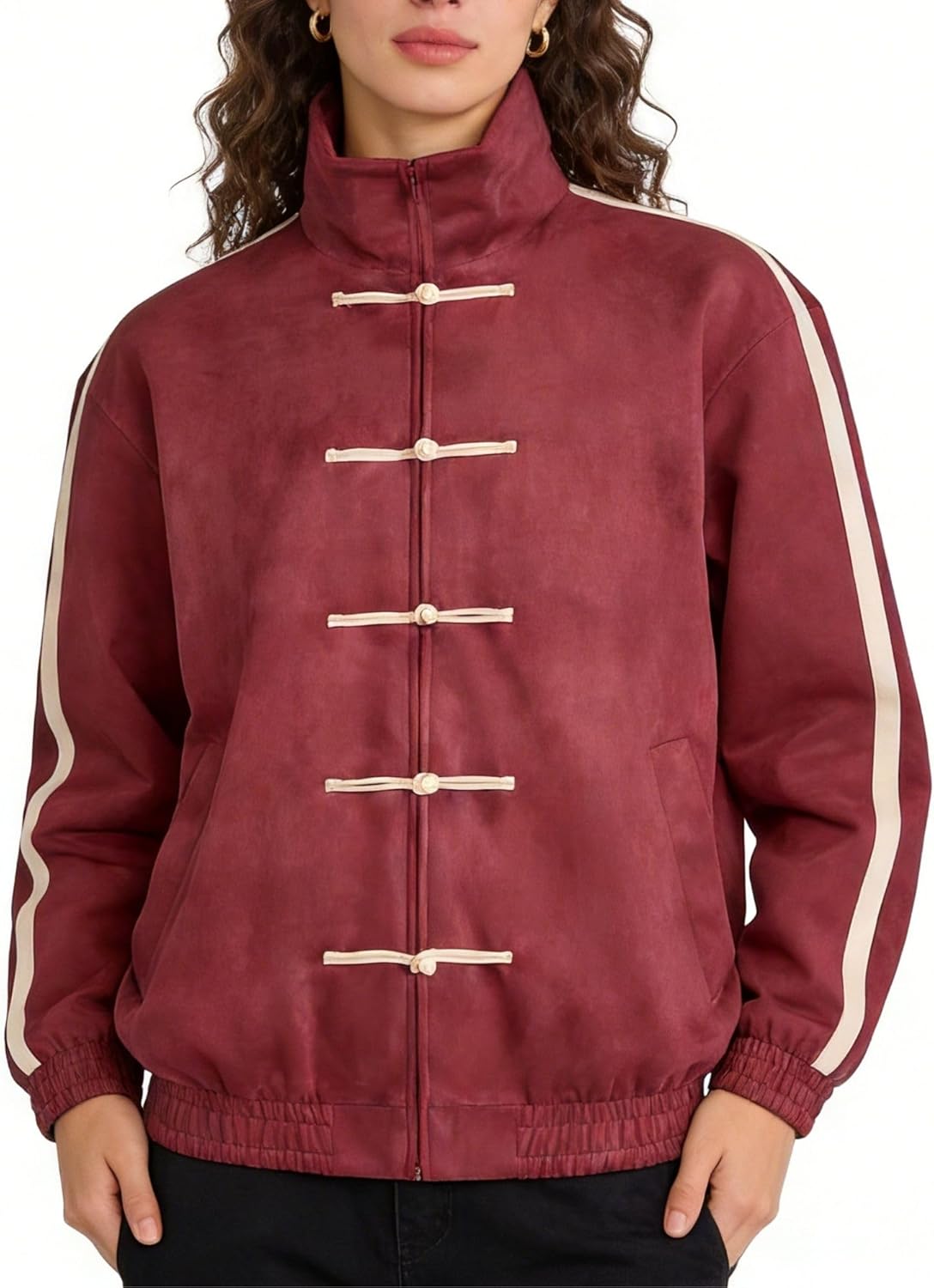 Chinese Style Jacket Stand Collar Zip Up Faux Suede Coat Striped Cuff Oversized Track Outerwear for Men and Women