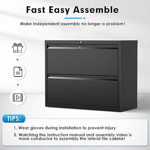 Miniatura 7 de Greenvelly Archivador de 2 cajones, archivador lateral negro con cerradura, archivadores de oficina para tamaño legalcartaA4F4 con archivos