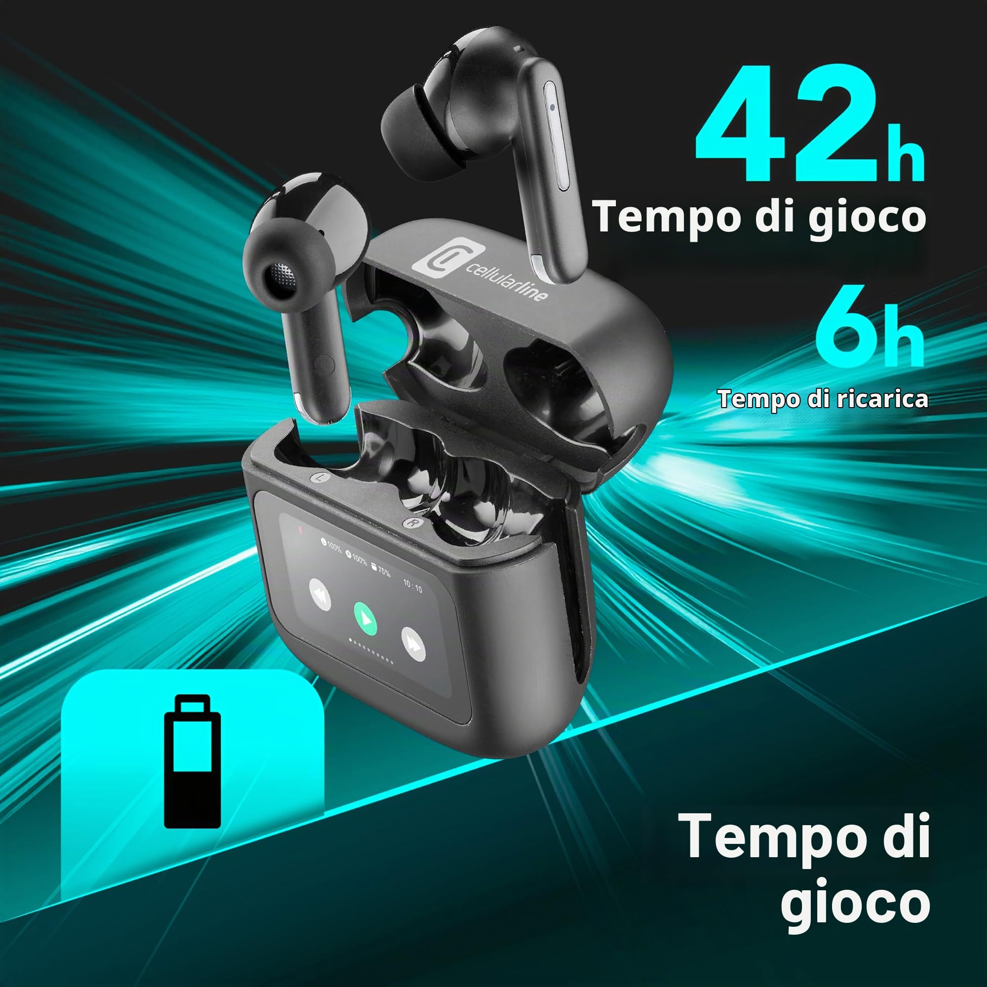 cellularline HUSH Auricolari Bluetooth In-Ear con Display Touch, Active Noise Cancelling, Noise-Free Calls, 5 EQ, Autopairing, 42h Play Time, Chiusura Magnetica per Ricarica