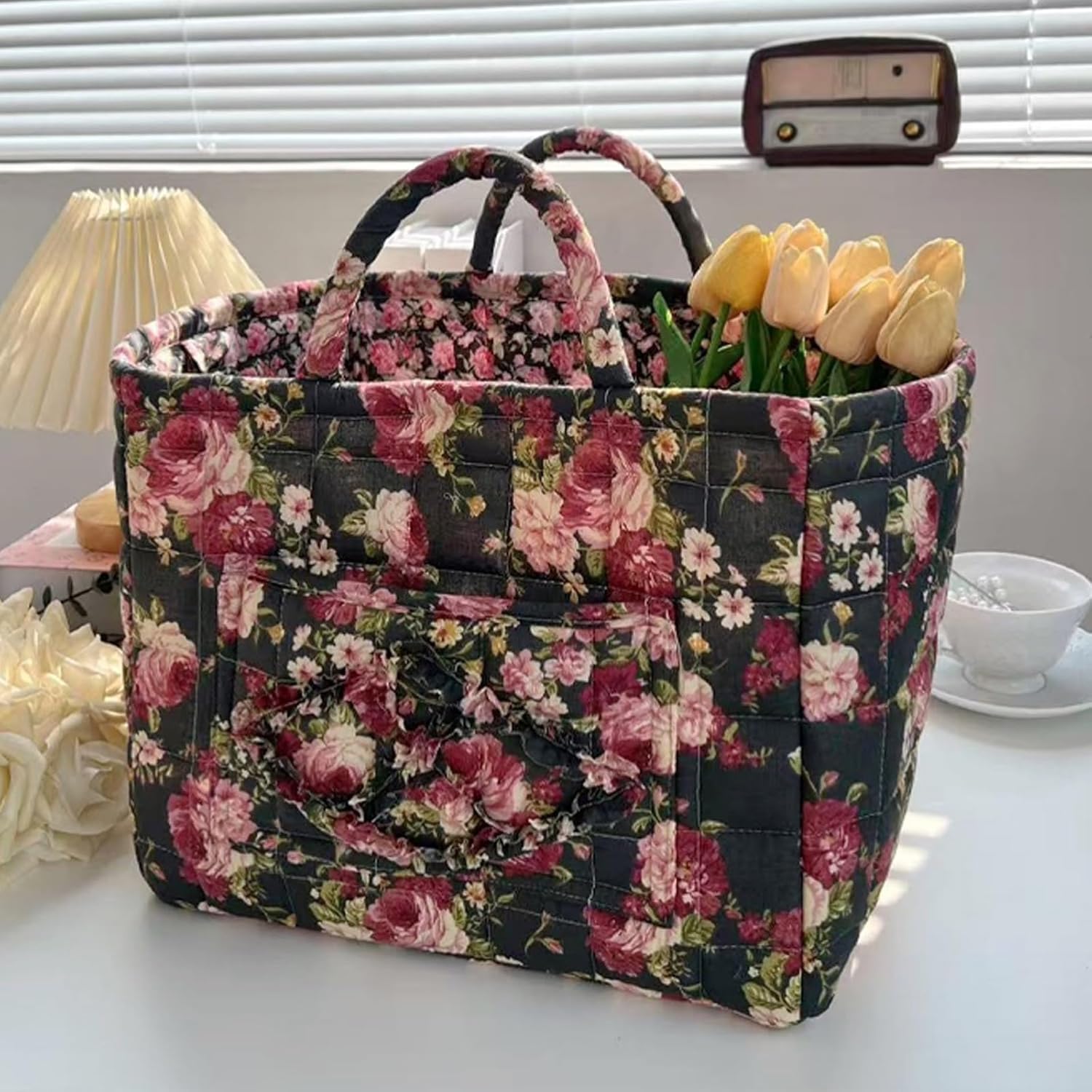 Quilted Tote Organizer, Large Capacity Fabric Storage Basket Collapsible, Floral Pattern Foldable Laundry Basket, Vintage Boho Laundry Hamper for Clothes and Sundries Home Organization(Style2)