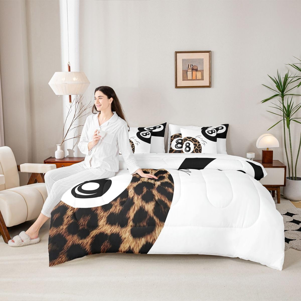 Erosebridal Trendy Leopard Print Comforter Set 7 Piece Bed in A Bag Queen,Girls Cheetah Bedding Sets,Lucky 8 Ball Comforter and Sheets,Funky Y2K Preppy Bed Set Fashion Room Decor Aesthetic