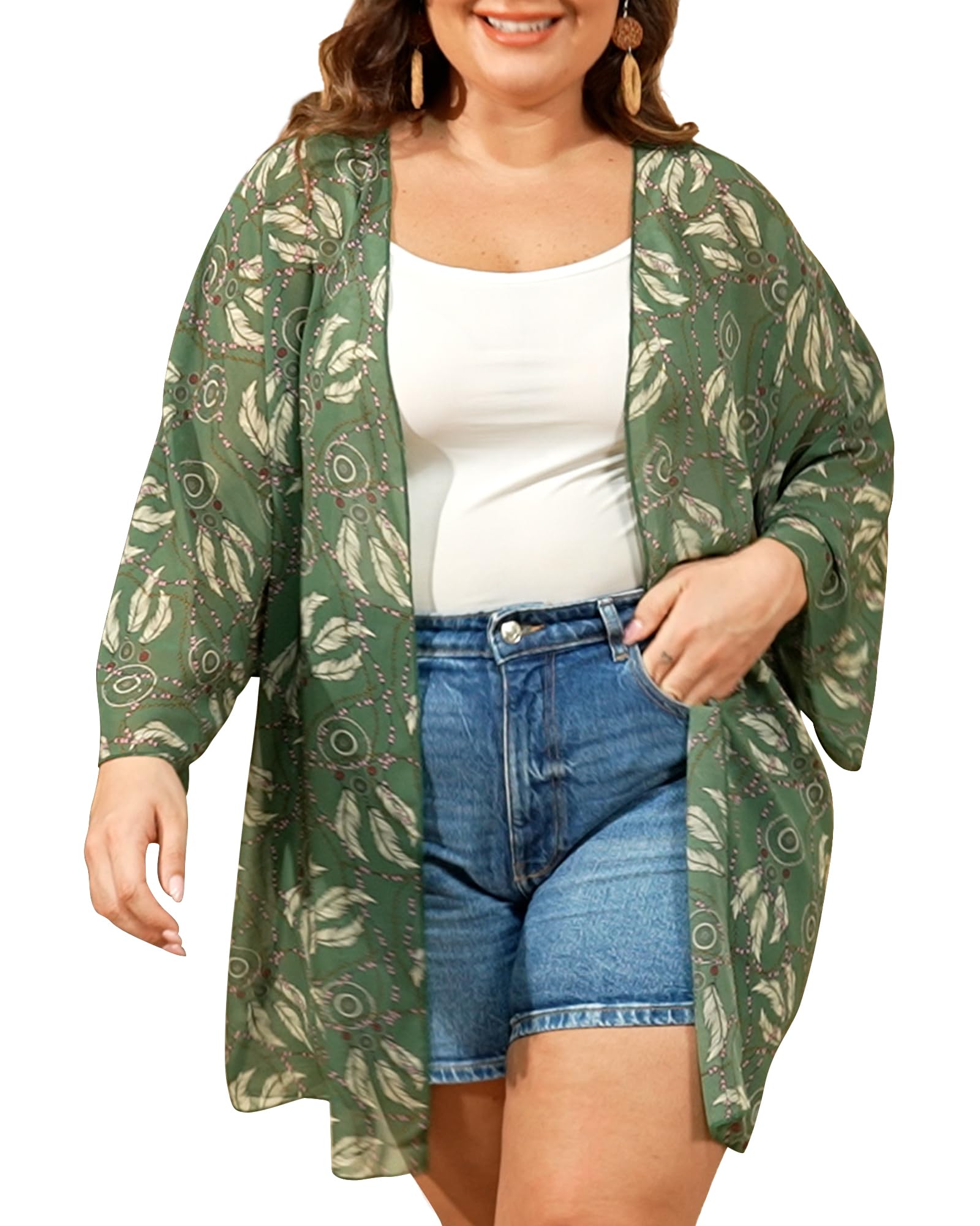 Kimono décontracté imprimé floral vert olive en taille Large pour look d'été fluide - 8
