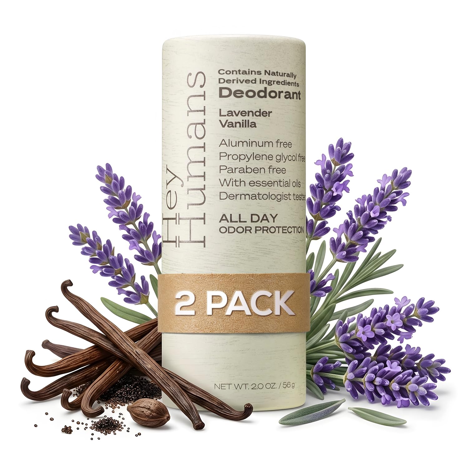 Hey Humans Deodorant, Aluminum Free Deodorant for Women and Men, Contains Naturally Derived Ingredients, All Day Odor Control, Refreshing Deodorant Essential Oils, Pack of 2, Lavender Vanilla