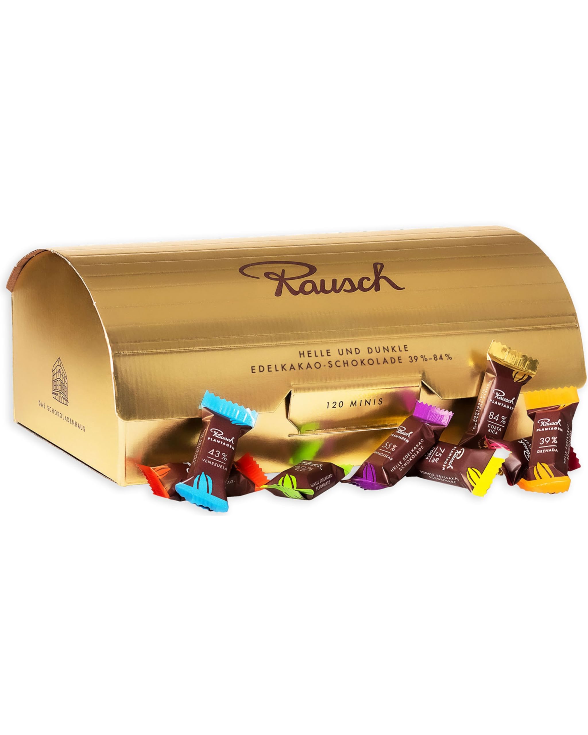 Rausch Plantagen Goldbox – Goldene Box gefüllt mit 120 Minis Schokolade aus purer Edelschokolade 39-84% – Schokolade aus aller Welt – Schokoladen Geschenkset