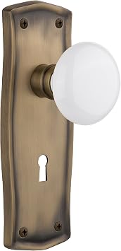 Nostalgic Warehouse Prairie Plate with Keyhole White Porcelain Knob, Passage - 2.375", Antique Brass