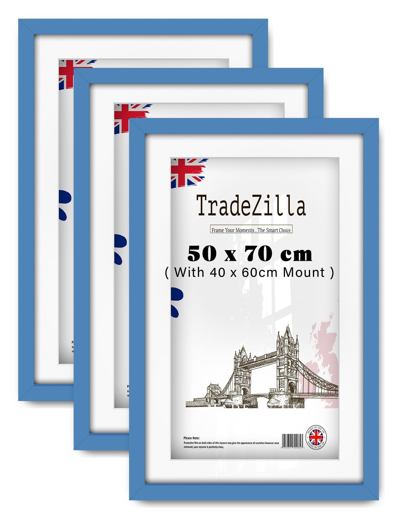 TradeZilla pack of 3 Modern MDF Wood Frame (50 x 70 cm) With 600 x 400 mm White Mount Professional Display | 28x20 Inch Photo, Poster, Wall Mount Picture Frame for Living [ Blue ]
