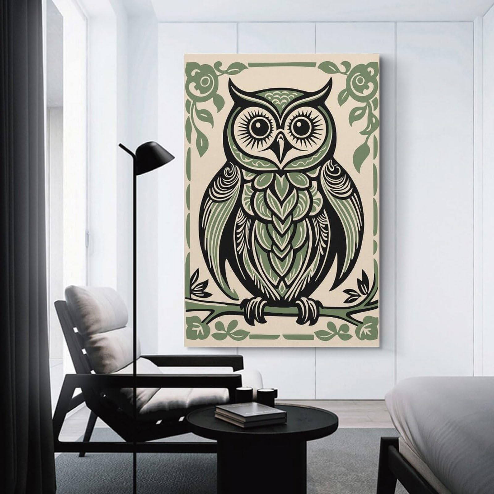 Junmoney Stylized Owl Illustration with Floral Frame Hanging Wall Art 20x30inch(50x75cm), for New Homes, Bedrooms Or Workspaces, Thoughtful Wall Decor for Art Lovers