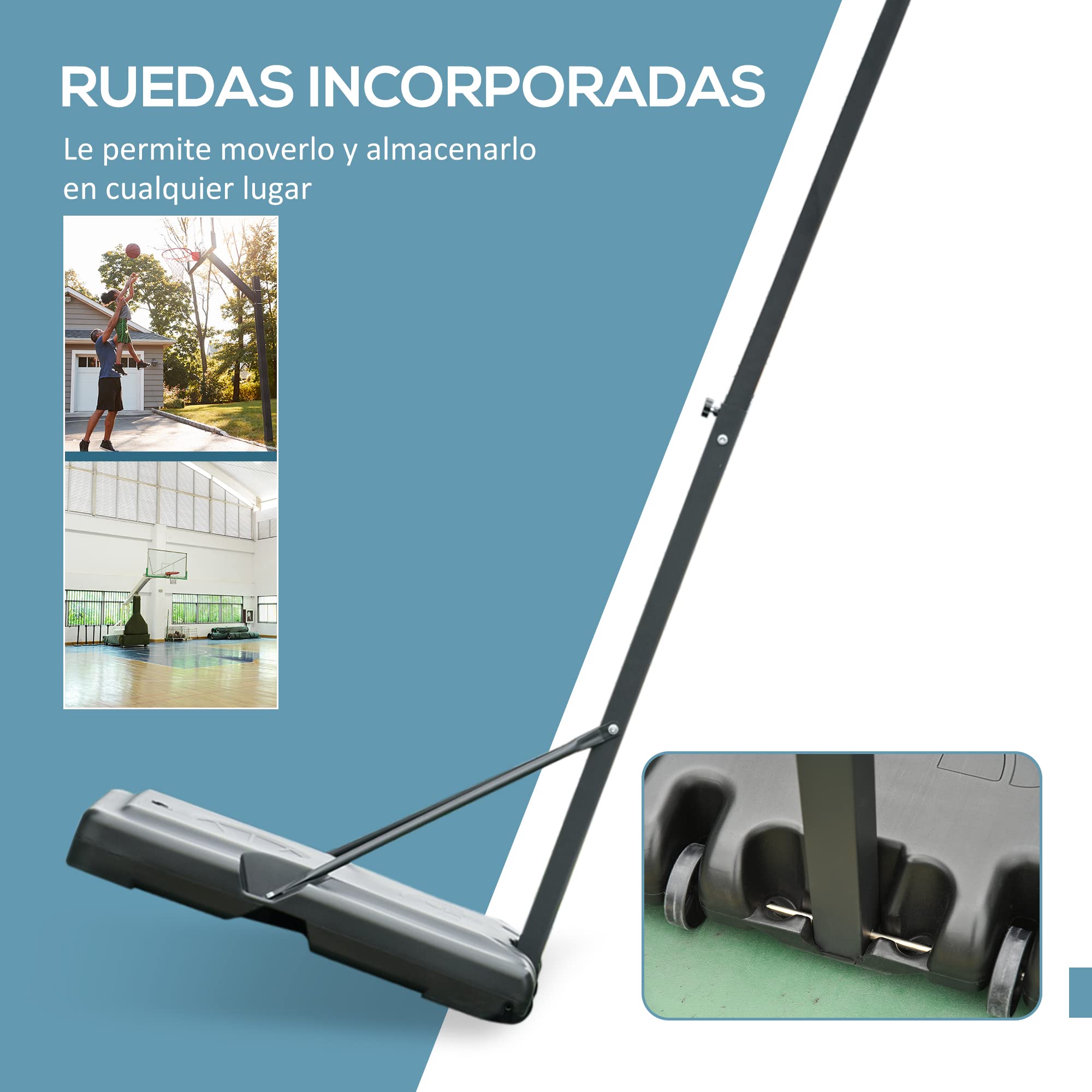 HOMCOM Canasta de Baloncesto Aro Portátil Ajustable Altura 302-352 cm Base Rellenable con Ruedas Negro