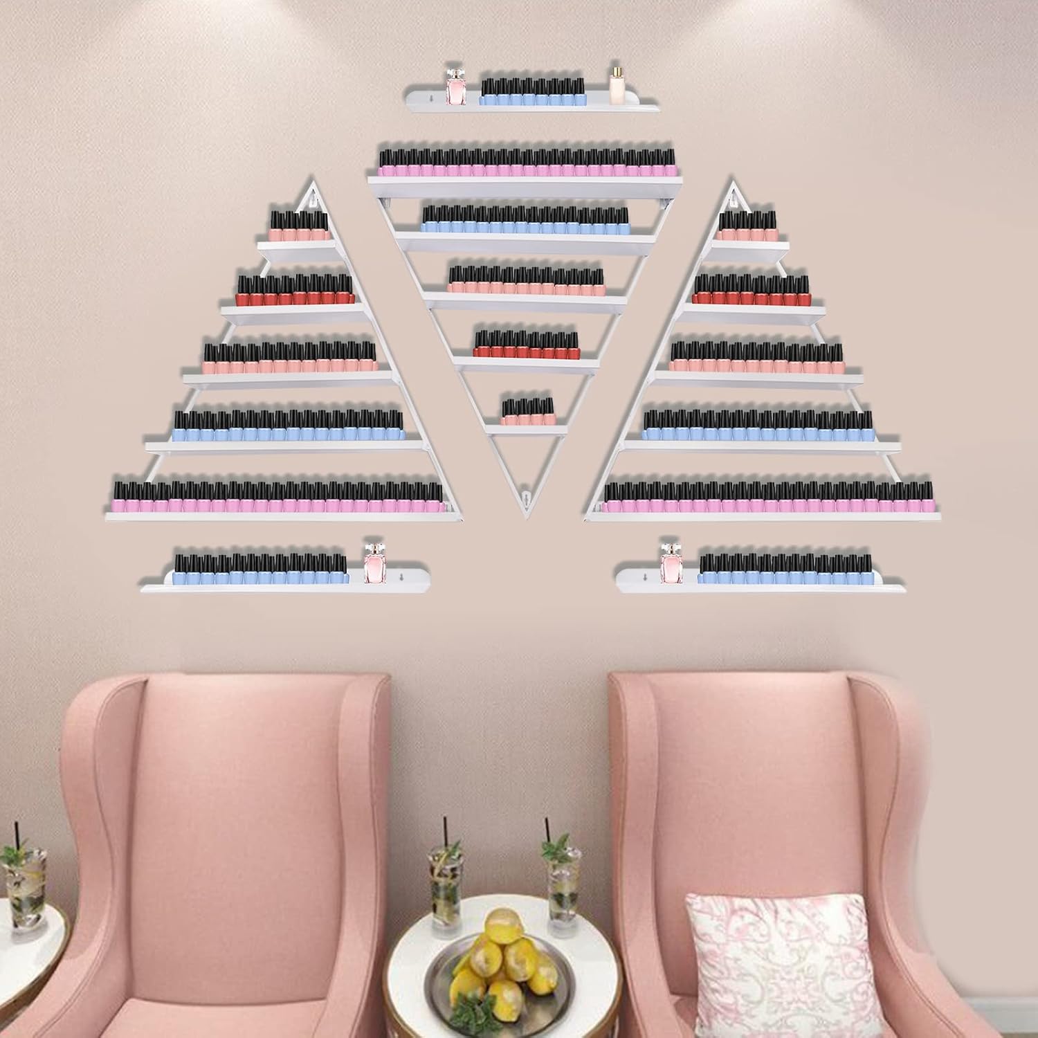 6PCS Nail Polish Racks Wall-Mounted Metal Nail Polish Display Rack Triangular Floating Wall Mount Cosmetic Display Shelves for Home Spa Nail Salon Shop (White)