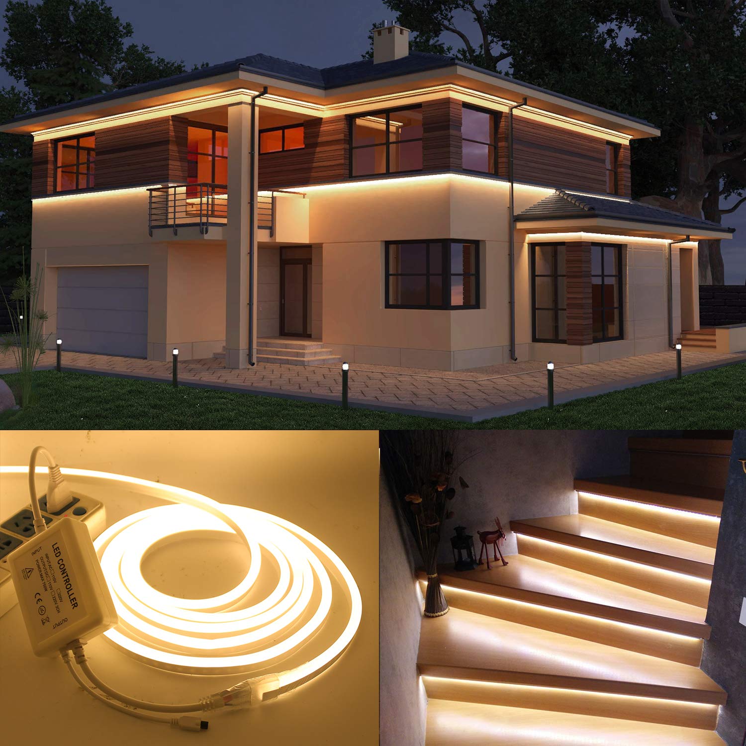 XUNATA 18m Tira de Luz de Neón LED Regulable con Control Remoto IR de 23 teclas y Fuente de Alimentación de Transformador, Brillo Ajustable, Blanco cálido