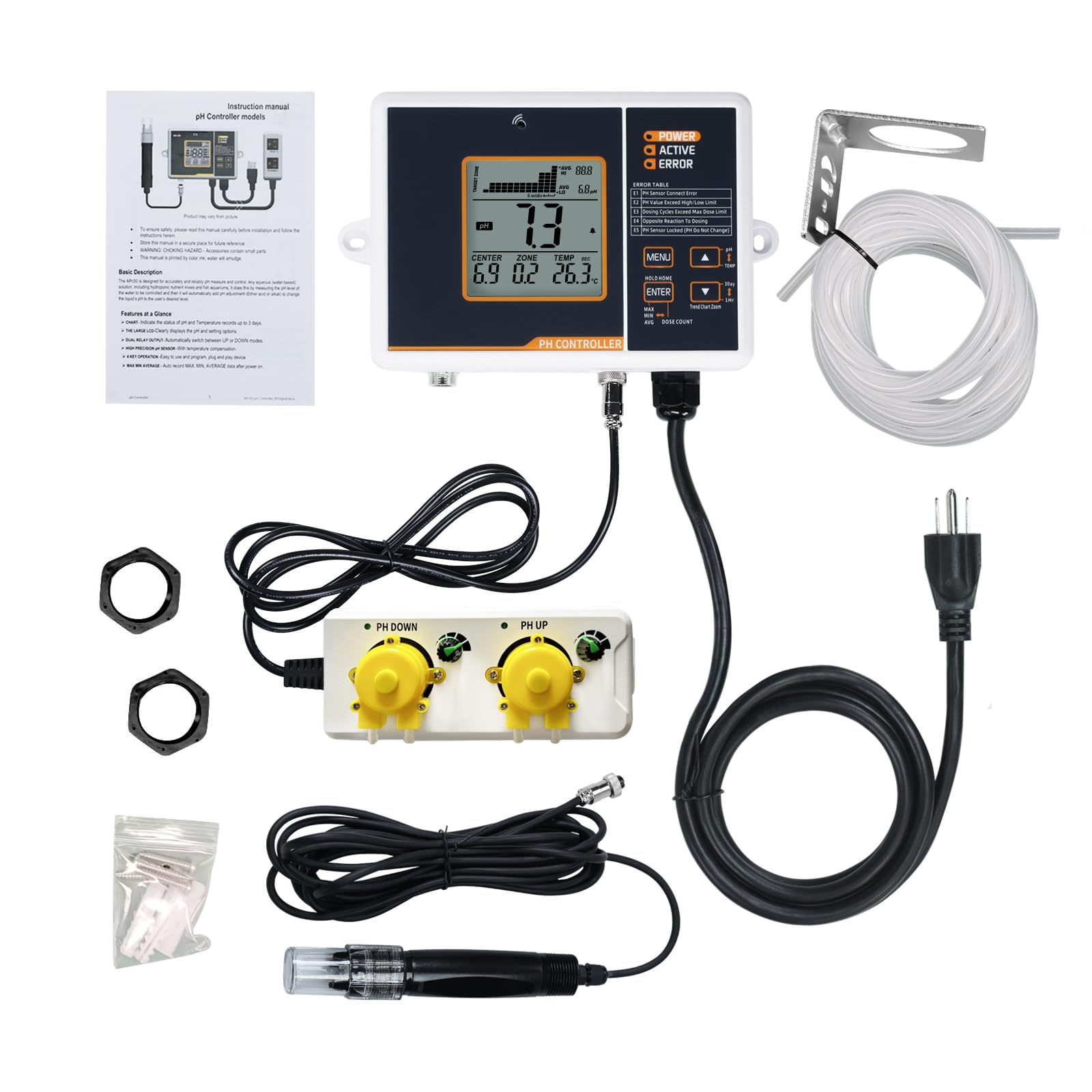 Controlador de pH de relé dual con bomba dosificadora, Monitoreo de alarma de rango alto/bajo y registro de datos para sistema Hidropónico, Cultivo de plantas de invernadero, Acuario, Acuicultura