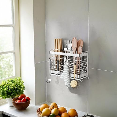 Miniatura 7 de Soporte para utensilios, escurridor de utensilios de acero inoxidable con bandeja de drenaje, cesta escurridor de encimera de cocina, cubiertos,