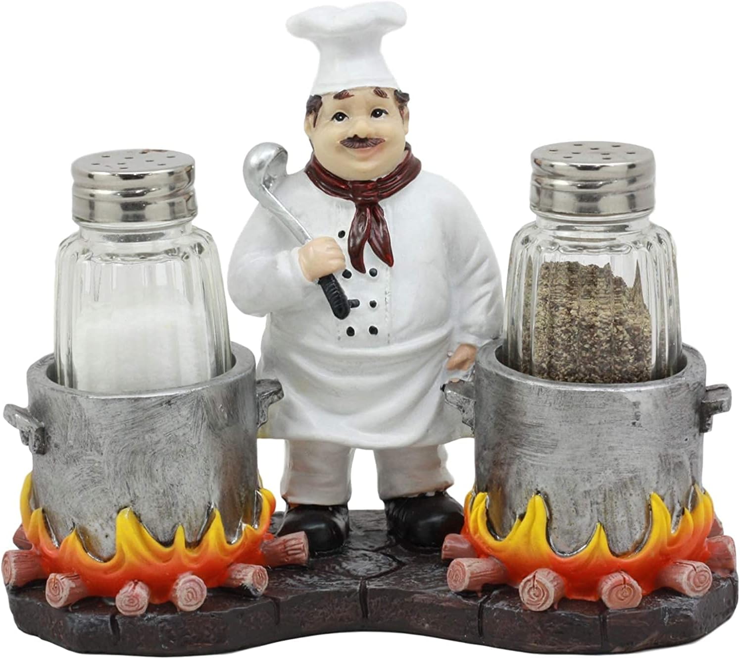 Ebros Bouillon French Chef Jean With Flaming Double Cauldron Pots Salt And Pepper Shakers Holder Figurine For Kitchen Dining Table Hosting Spice Rack Accessories Gift Ideas For Women Men Chefs Cooks