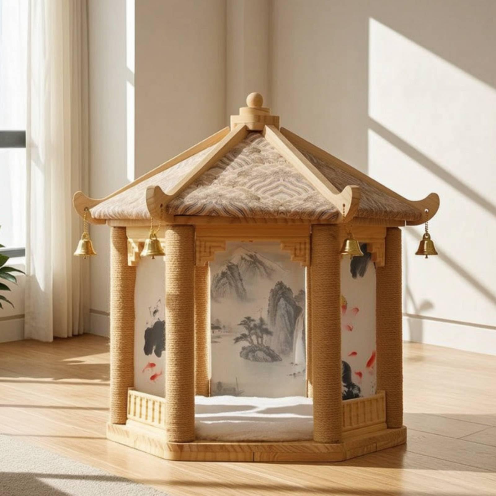 Struttura Arrampicata per Gatti con Tiragraffi in Sisal E Legno Massello con Pannelli Decorativi Stile Inchiostro Adatta per Soggiorno E Camera da Letto
