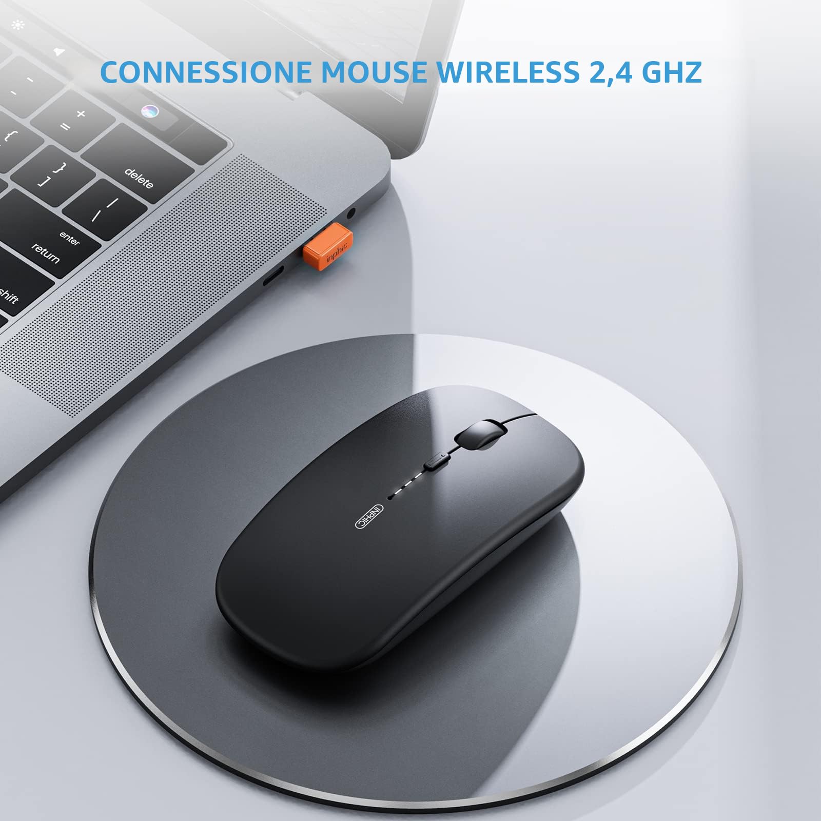 INPHIC Mouse wireless ricaricabile, ultra sottile 2.4G silenzioso mouse senza fili ottico 1600 DPI con ricevitore USB per laptop, MacBook, PC, Windows, ufficio, carica batteria visibile, nero