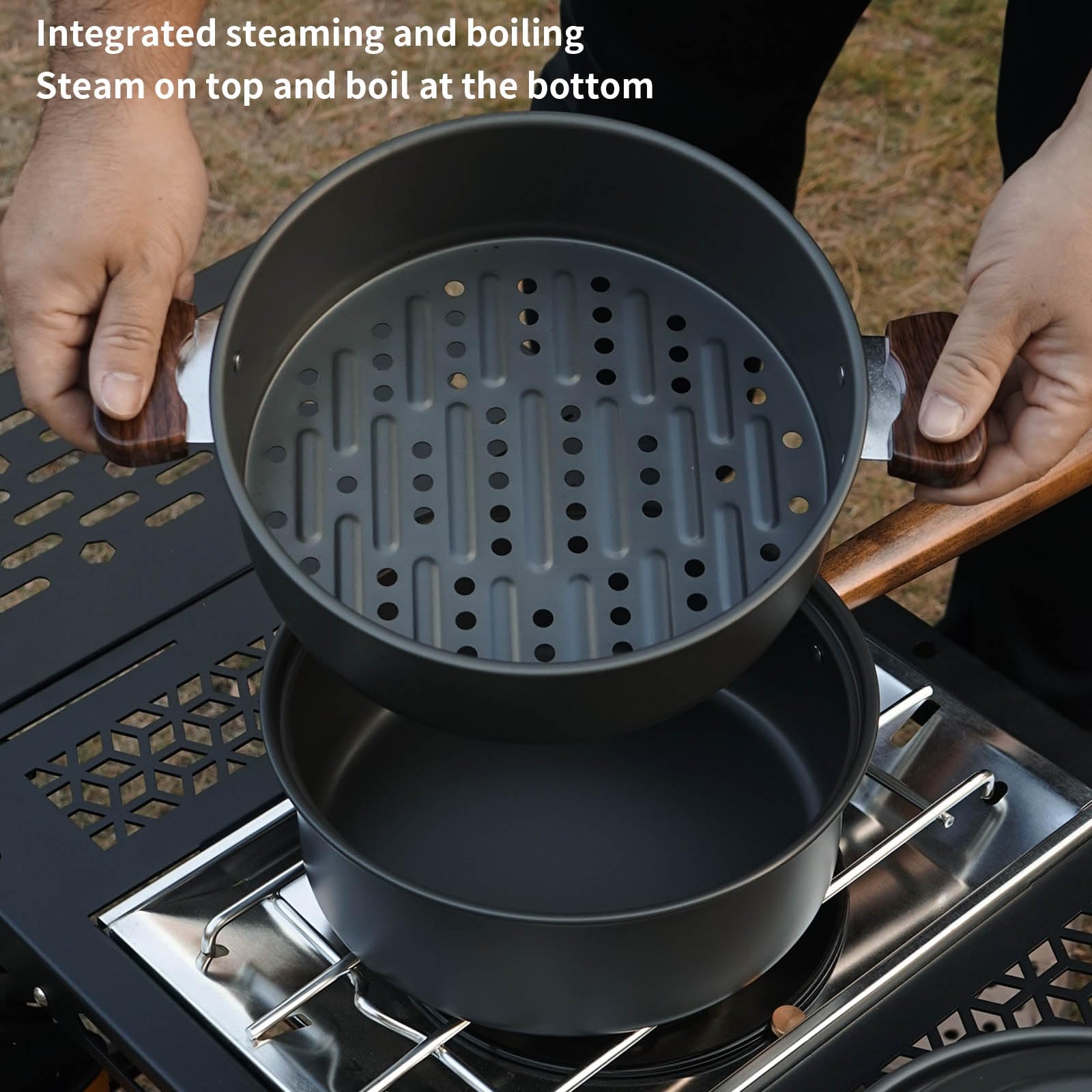 Multifunktionale Camping Kochtöpfe, Kochgeschirr mit ergonomischem Holzgriff, tragbare Outdoor Kochutensilien, langlebige Outdoor Kochutensilien