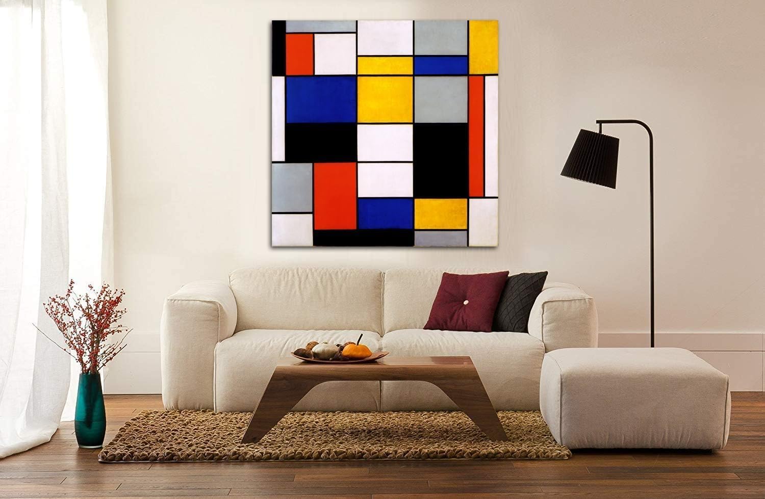 Grafic Quadro Mondrian Composizione A - Piet Mondrian - stampa su tela canvas con telaio in legno - pronto da appendere - arredamento moderno (QUADRO CON TELAIO IN LEGNO, CM 130X130)