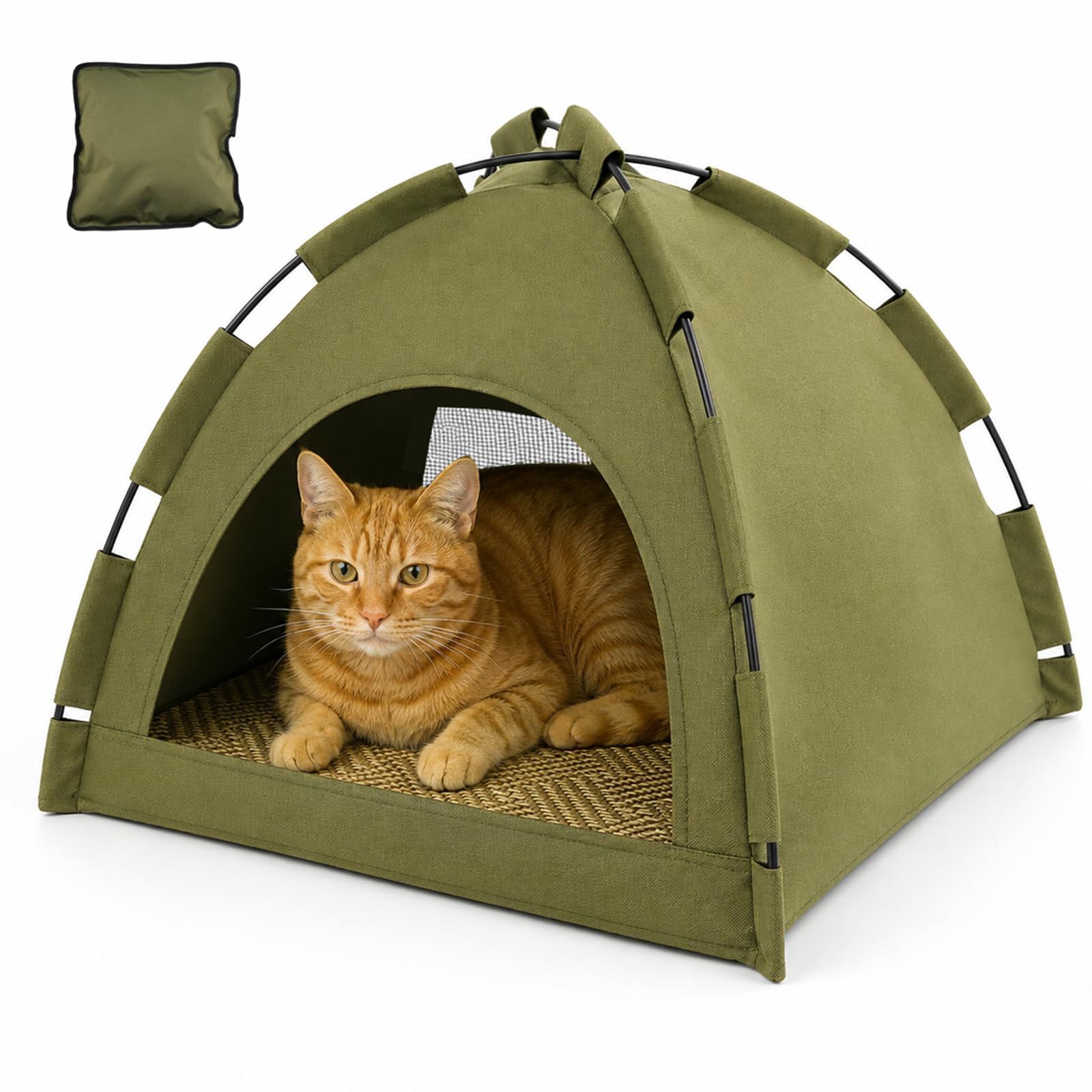 Auveach Cat Tent Cave, Pop up Foldable Pet Tent with Removable Double-sided Bed Mat for Cats & Puppies, Breathable Mesh Hole, Indoor Outdoor Travel, Green, 42 * 42 * 40cm