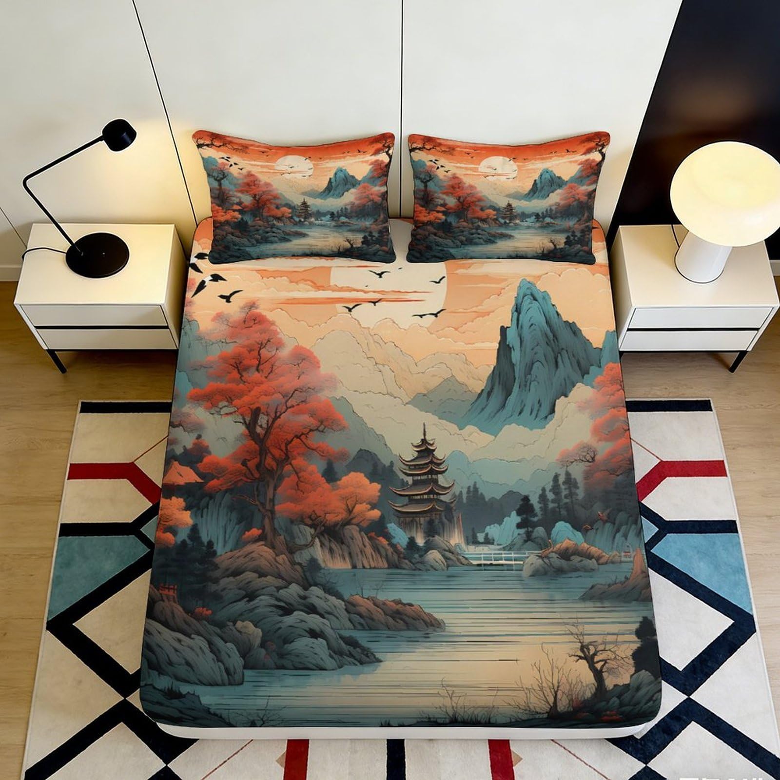 3D Printed Japanese Landscape Fitted Sheet Microfiber Soft Orange Mountain Pagoda Mattress Cover Bedroom Decor 200x200x25cm
