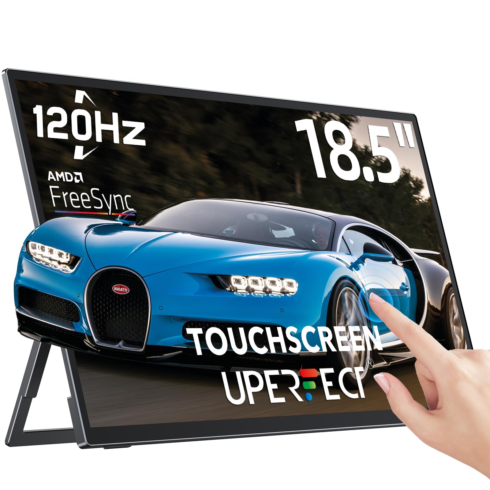 UPERFECT 18.5'' Portable Touchscreen 120hz Monitor w/VESA & 180° Adjustable Stand, Ultra-Slim & Lightweight UHD FreeSync IPS HDR Gaming Display, USB C Travel Second Monitor for Laptop Switch Phone