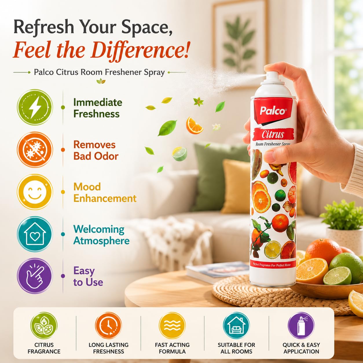 PALCO Room Freshener Spray 275ml – Citrus Air Freshener for Home & Office – Long-Lasting Fragrance 4