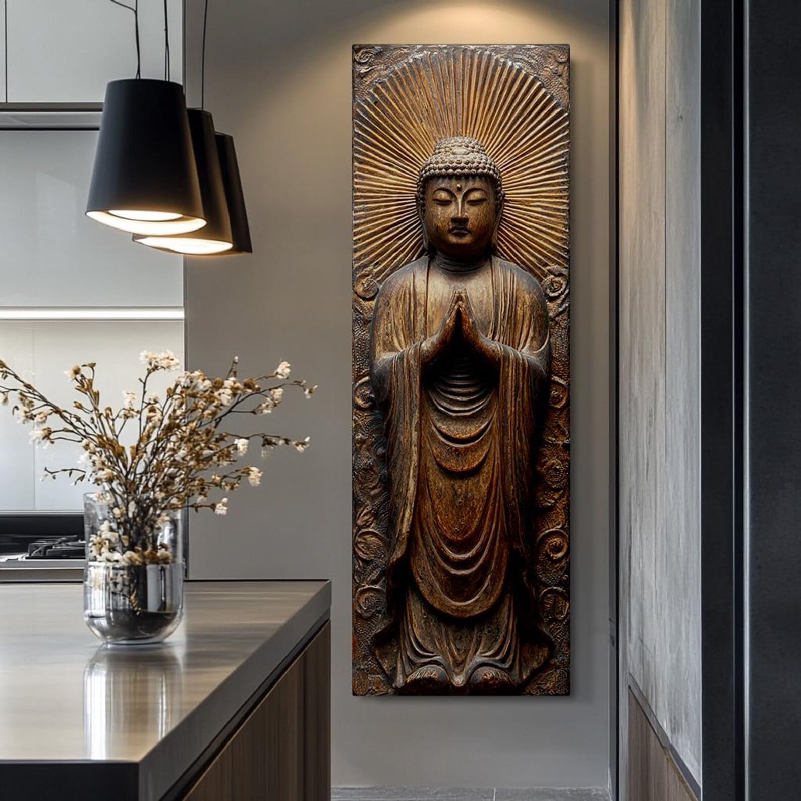 XINBAO Cuadro vertical de Buda para pared - Decoración para habitaciones altas y estrechas - Pintura espiritual alargada - Cuadros decorativos para estudios de yoga (60x180cm/Sin marco)