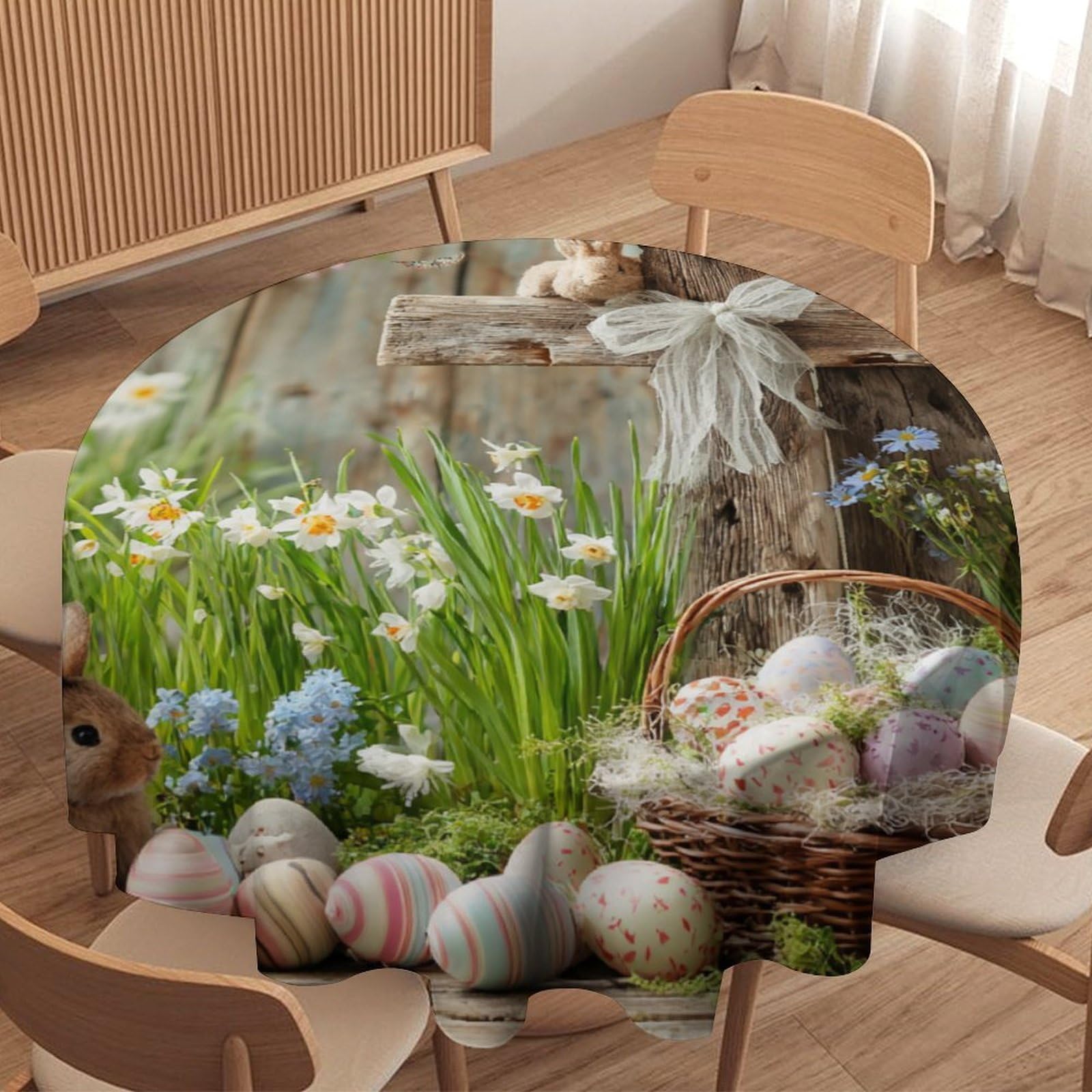 LUYYSKY Cute Beautiful Spring Garden Round Tablecloth Natural Abstract Easter Flowers Colorful Eggs Animal Rabbit Washable Decor for Table Cover for Kitchen-91.4" Wx91.4 L cm