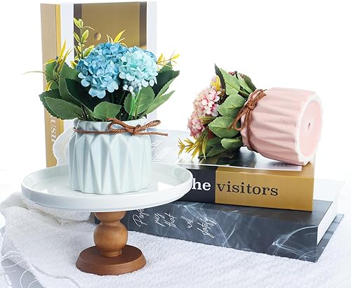 Miniatura 7 de Fumwase Ramo de hortensias artificiales con pequeño jarrón de cerámica, plantas de flores artificiales, mini flores de hortensias falsas, decoración