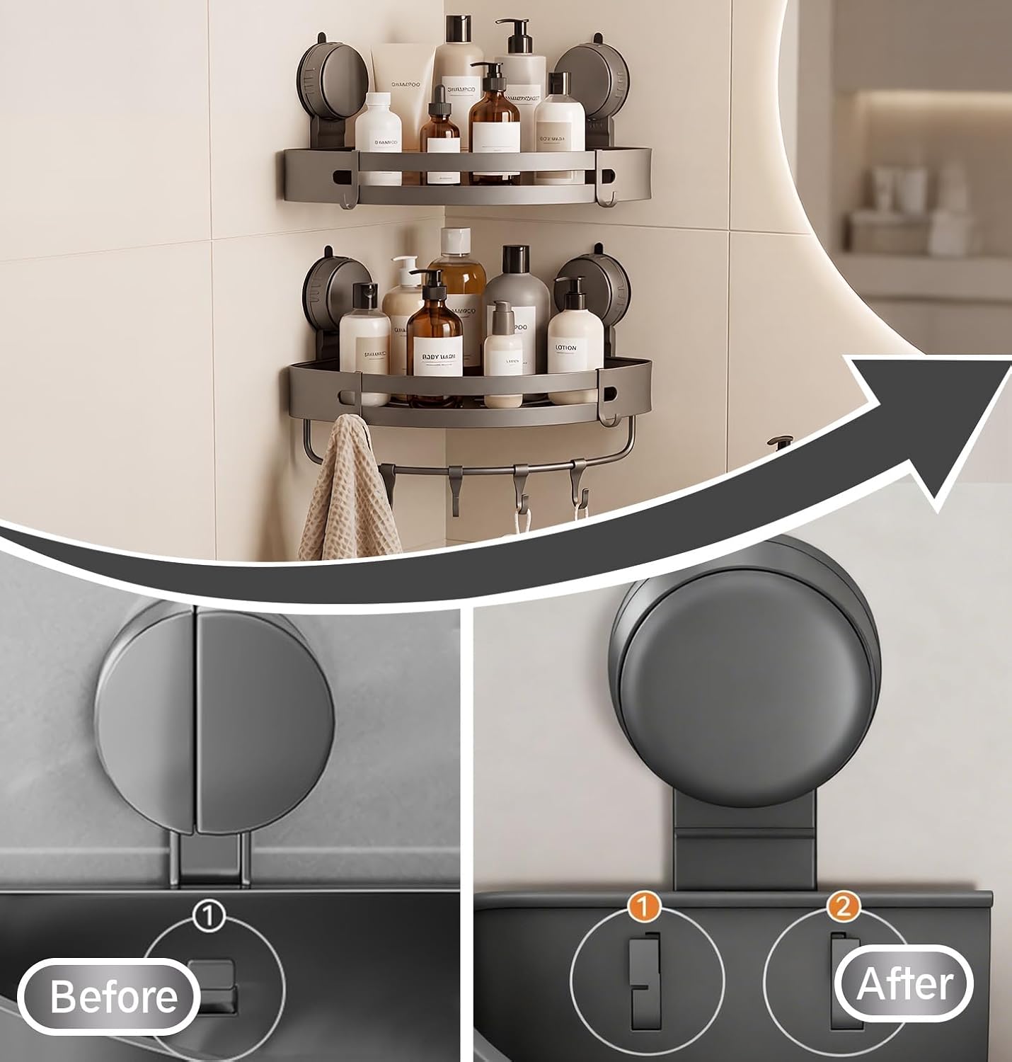 Suction Cup Shower Caddy(2-Pack Gray),Single 1.77 Inches High No-Drilling Aluminum Bathroom Organizer with Towel Bar & Hooks,Moder wall Shower Shelf and Storage Decor