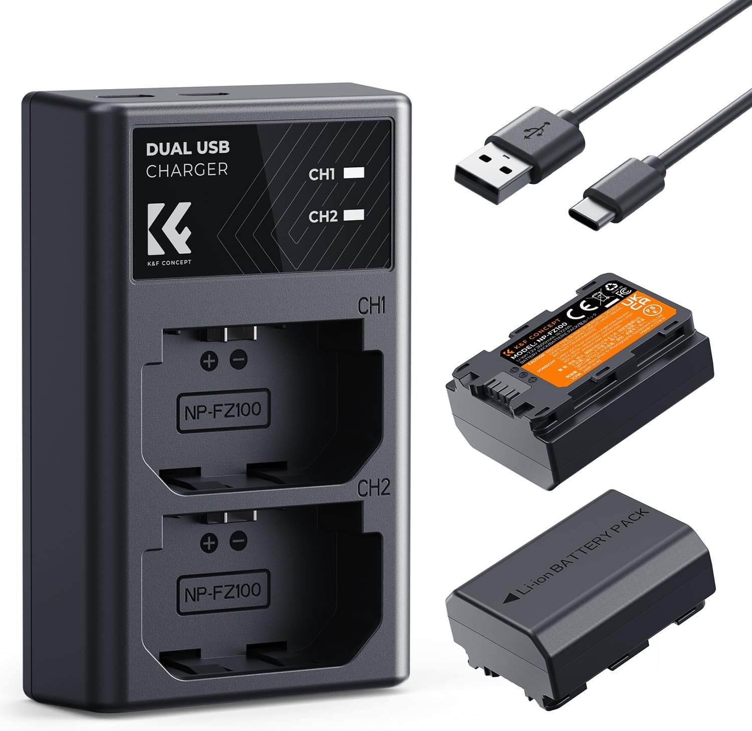 K&F Concept NP-FZ100 Replacement Battery 2 Pack and Battery Charger for Sony A7 III, A7R III, A7R IV, A9, A6600, Alpha 9, Alpha 9S, A9S, A7III, A7R3, A7R4 Camera Batteries, 2280mAH