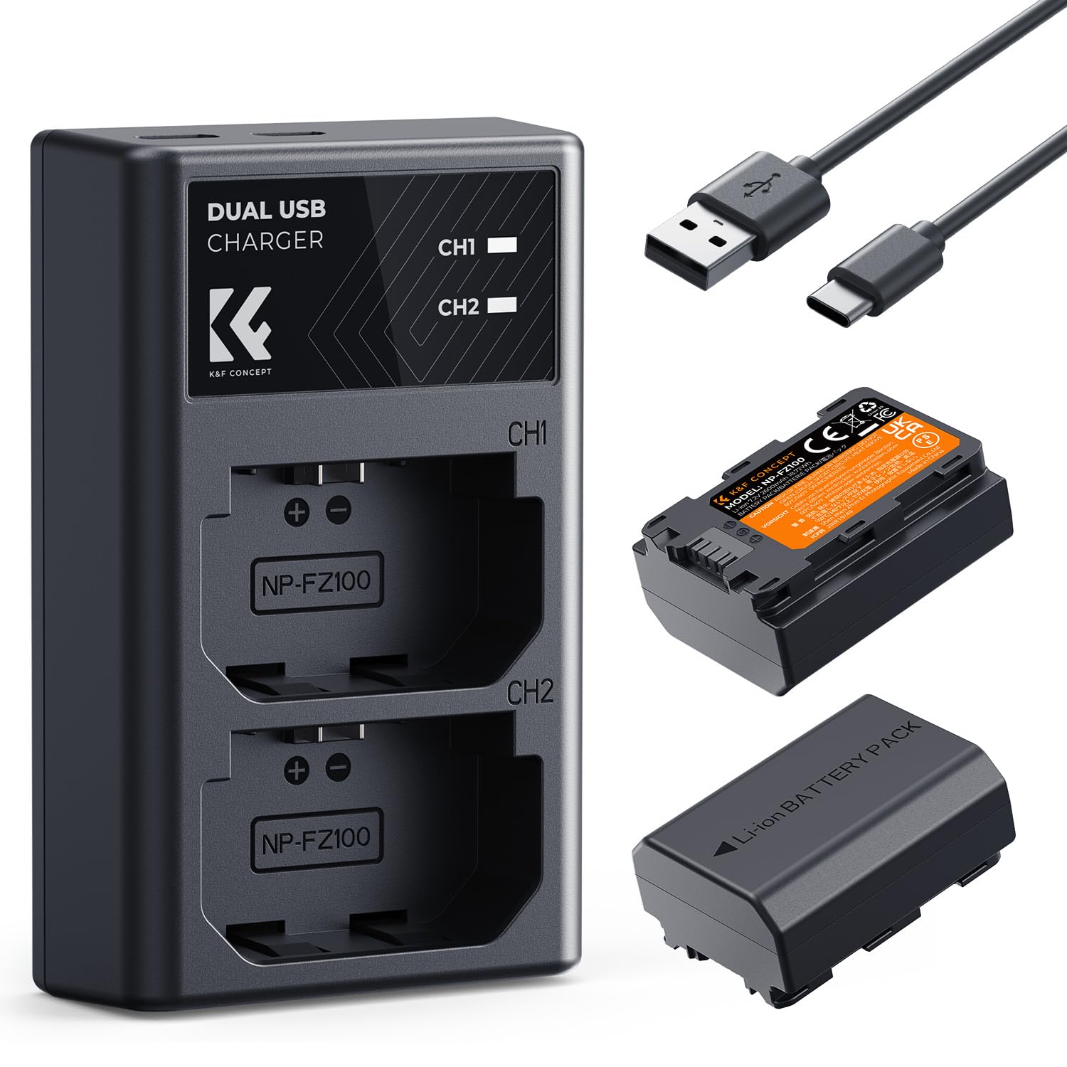 K&F CONCEPT NP-FZ100 2280mAH Battery and Dual Slot Charger Set for Sony A7iii, A7iv, A7C, A6700, A6600, ZV-E1, ZV-E10ii, FX3, FX30, A9, Alpha 9, Alpha 9S, A9S, A7R3, A7R4 Camera Batteries