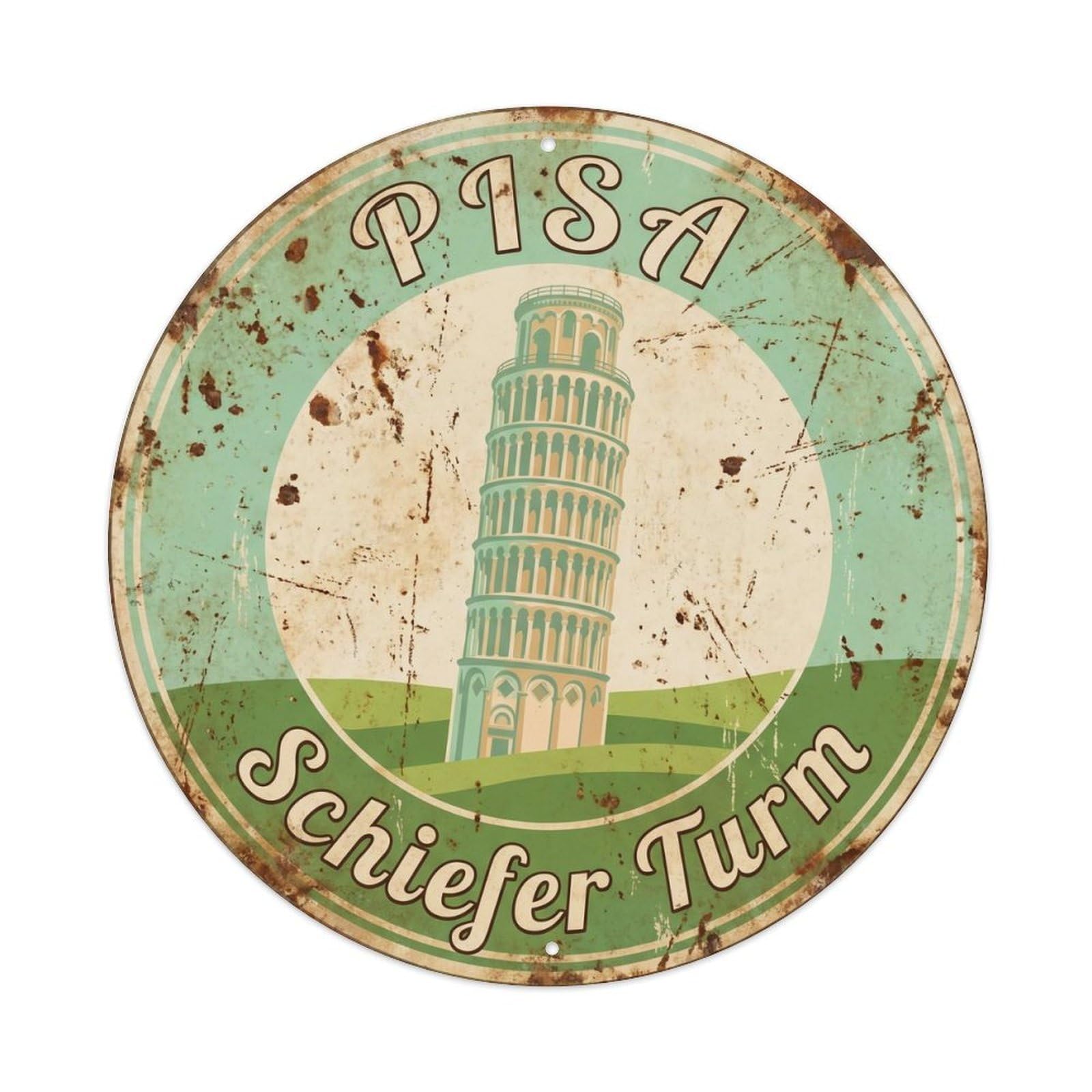 Vintage Travel Pisa Tower Field Italy Metal Tin Sign Plaque Wall Decor for Cafe, Club, Garden Round Metal Poster 8x8Inch