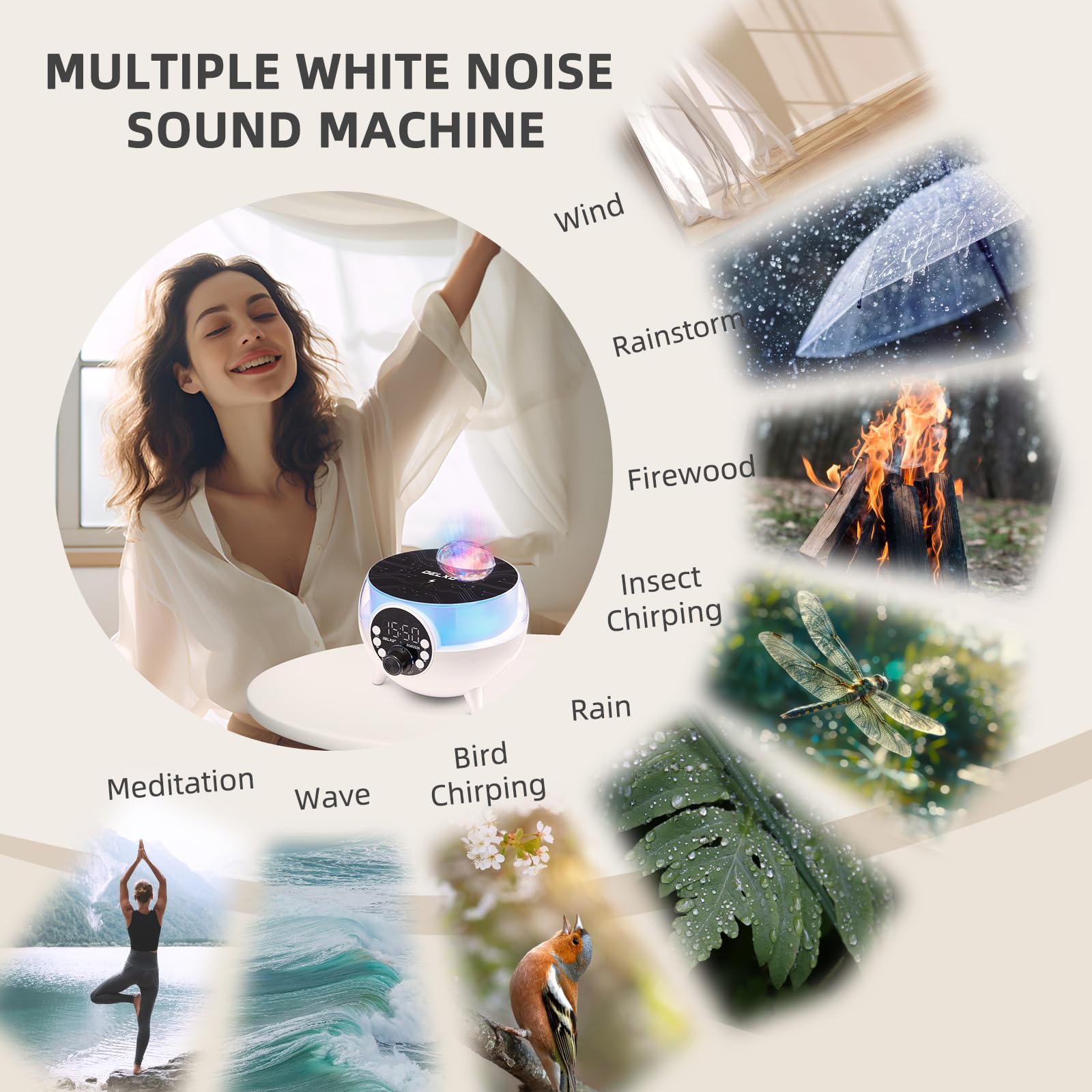 Delxo Altoparlante Bluetooth cielo stellato con ricarica wireless per telefono, altoparlanti super bassi, Bluetooth wireless con sveglia, radio FM, luce notturna regolabile, altoparlante portatile,