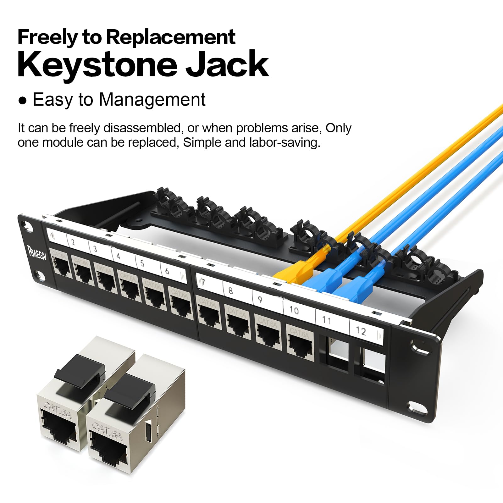 Panneau de brassage 12 ports avec 12 prises Cat6 Keystone 10G avec barre arrière amovible Panneau de brassage réseau 1U 25,4 cm pour Cat6, Cat5e, Cat5 (CAT6, 1U12Port)